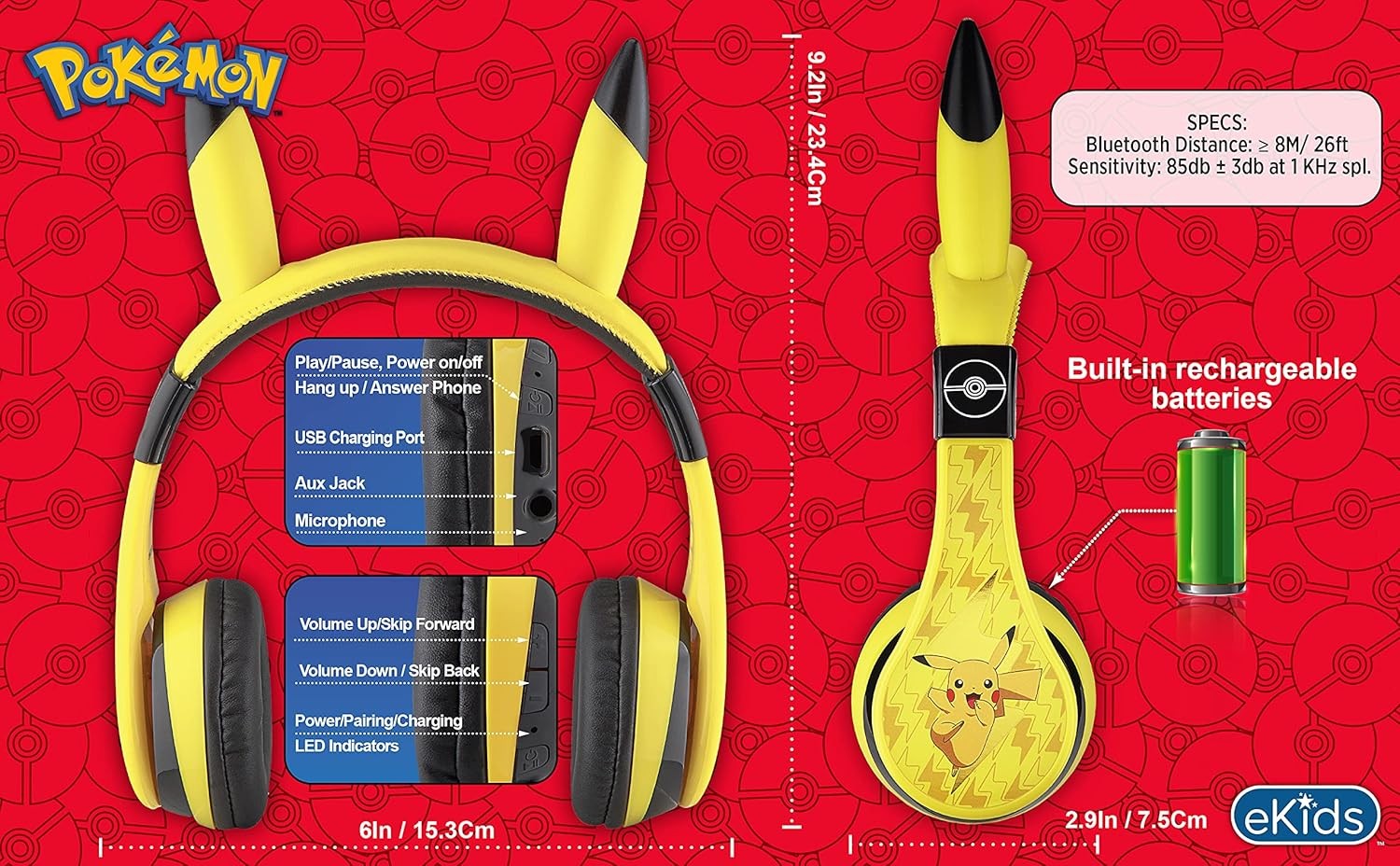 Pokemon Bluetooth Headphones, Wireless Headphones with Microphone Includes Au…