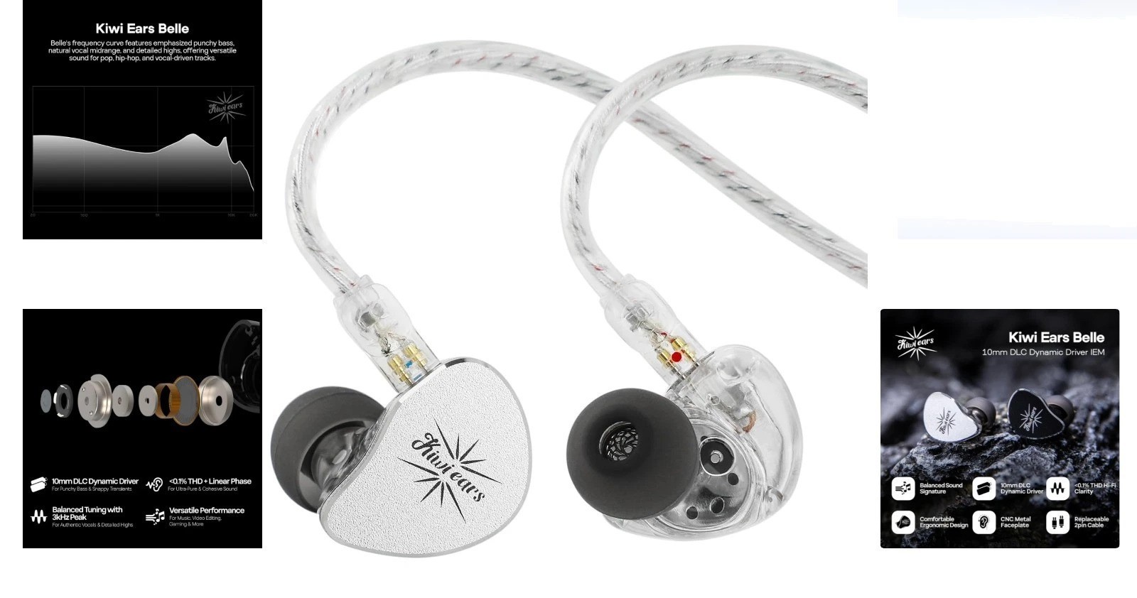 Kiwi Ears Belle In-Ear Monitor 10mm DLC Dynamic Driver Silver with Mic