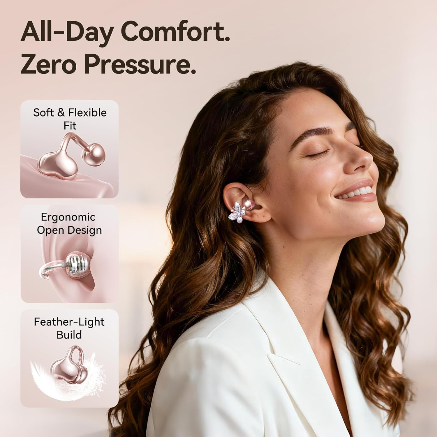 Clip-On Open Ear Earbuds with Detachable Butterfly Earrings, Bluetooth 6.0 Wirel