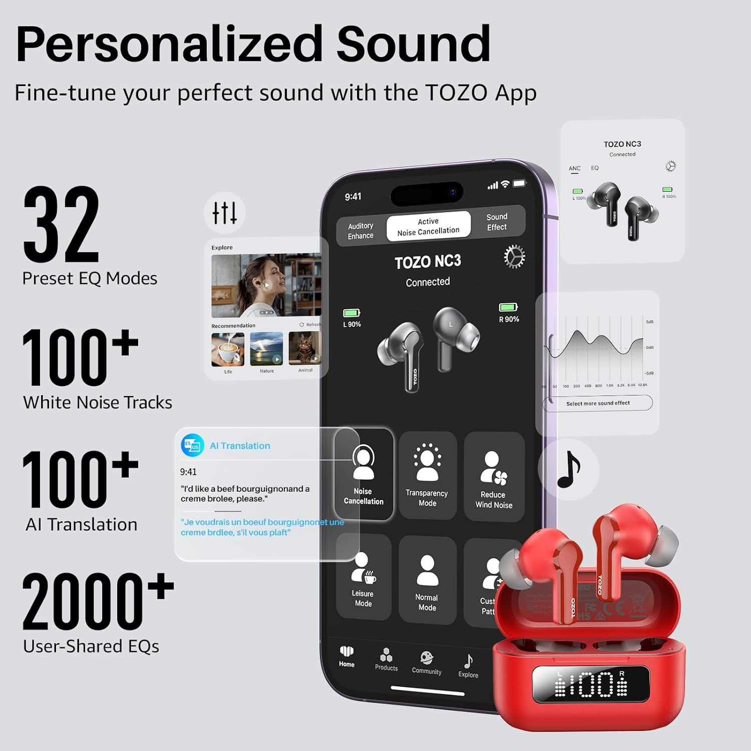 Hybrid Active Noise Cancelling in Ear Wireless Earbuds, 68H Playtime | 6 Mics AI