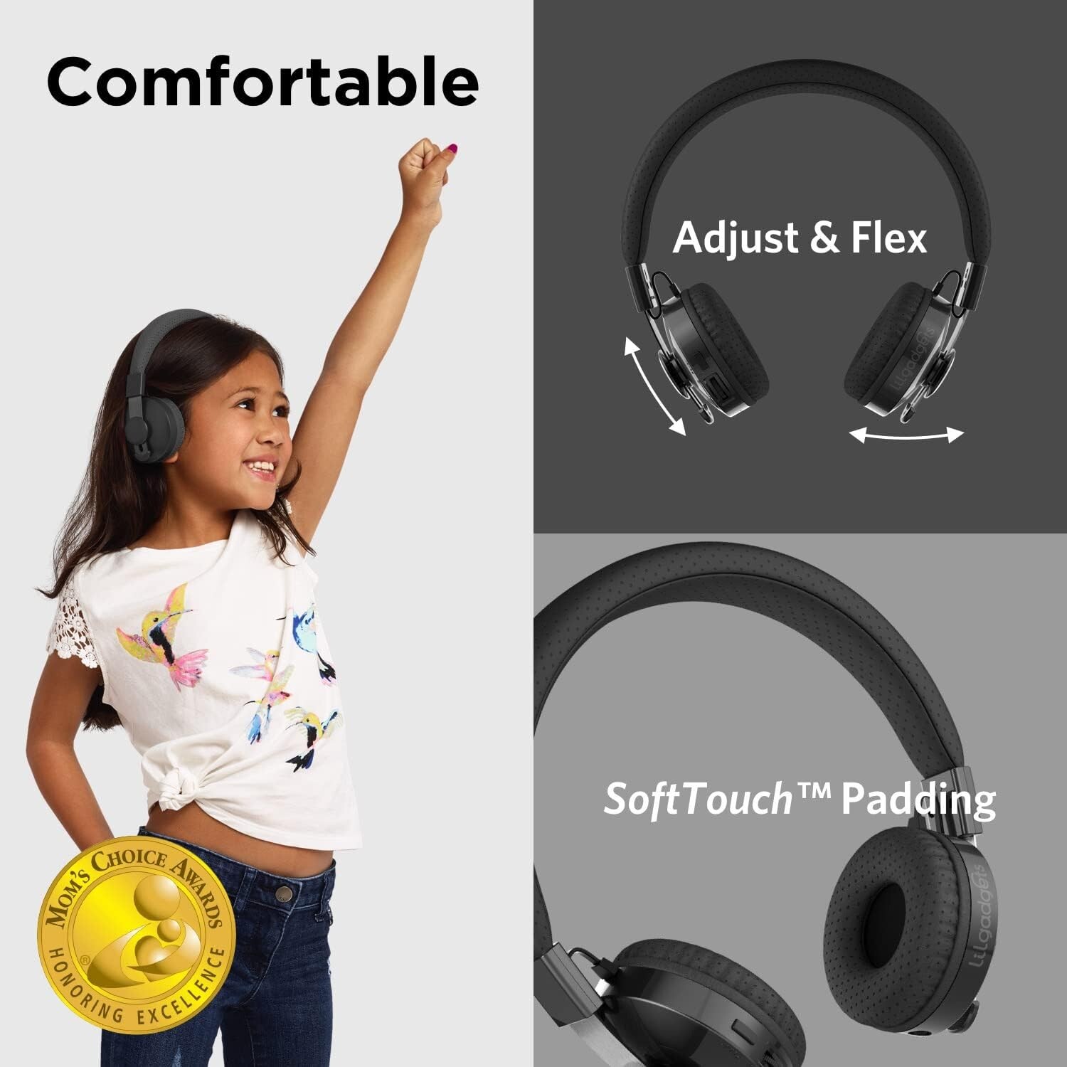 LilGadgets Untangled Pro Wireless Bluetooh Black, On-Ear Kids Headphones