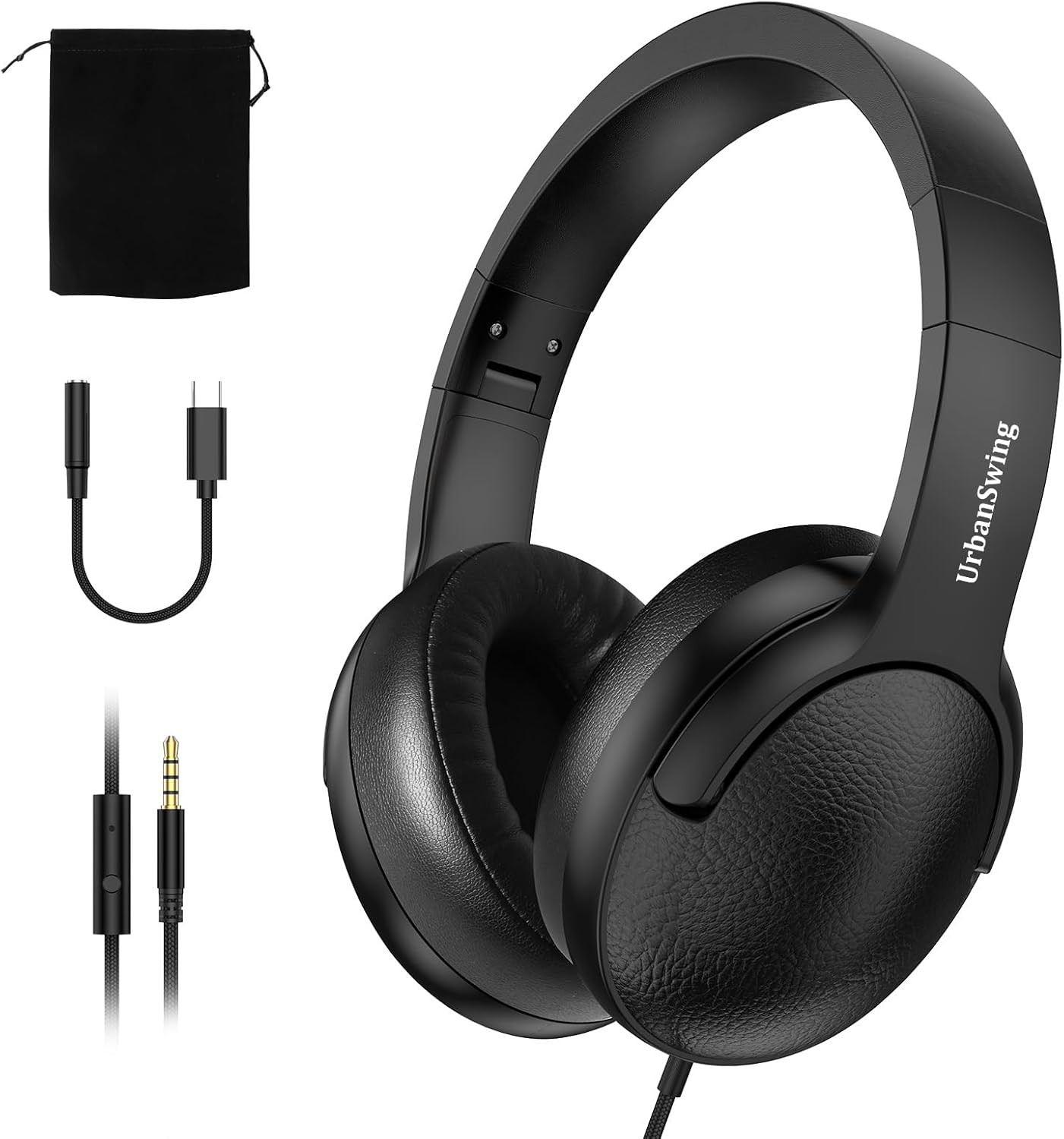 UrbanSwing W4 Corded Headphones with Mic, 3.5mm Jack & USB-C Headphone Adapter f