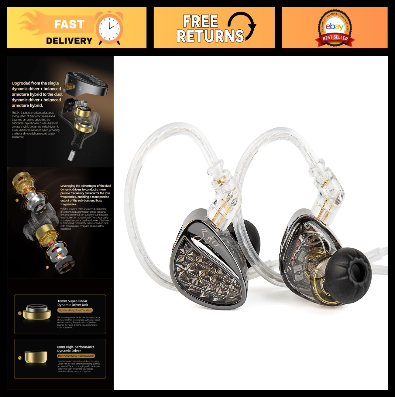 Hybrid Wired Gaming Earbuds, 2DD+4BA IEMs, Crystal Clear Sound, Audiophile Quali