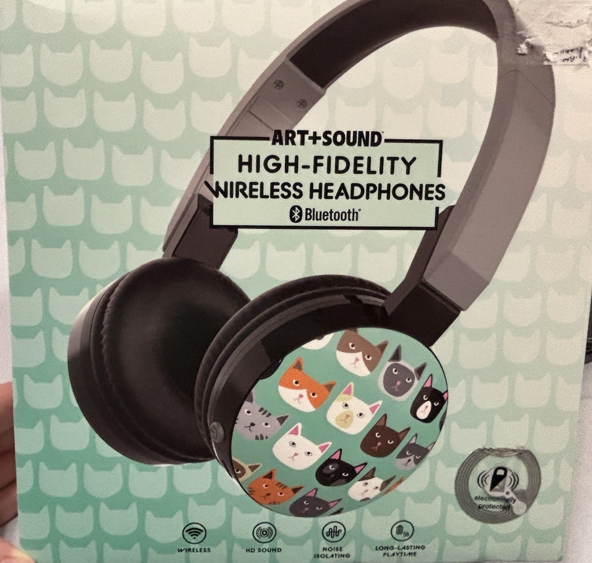 ART+SOUND Wireless Bluetooth Headphones Mint colored w/Cat Print. Open box.