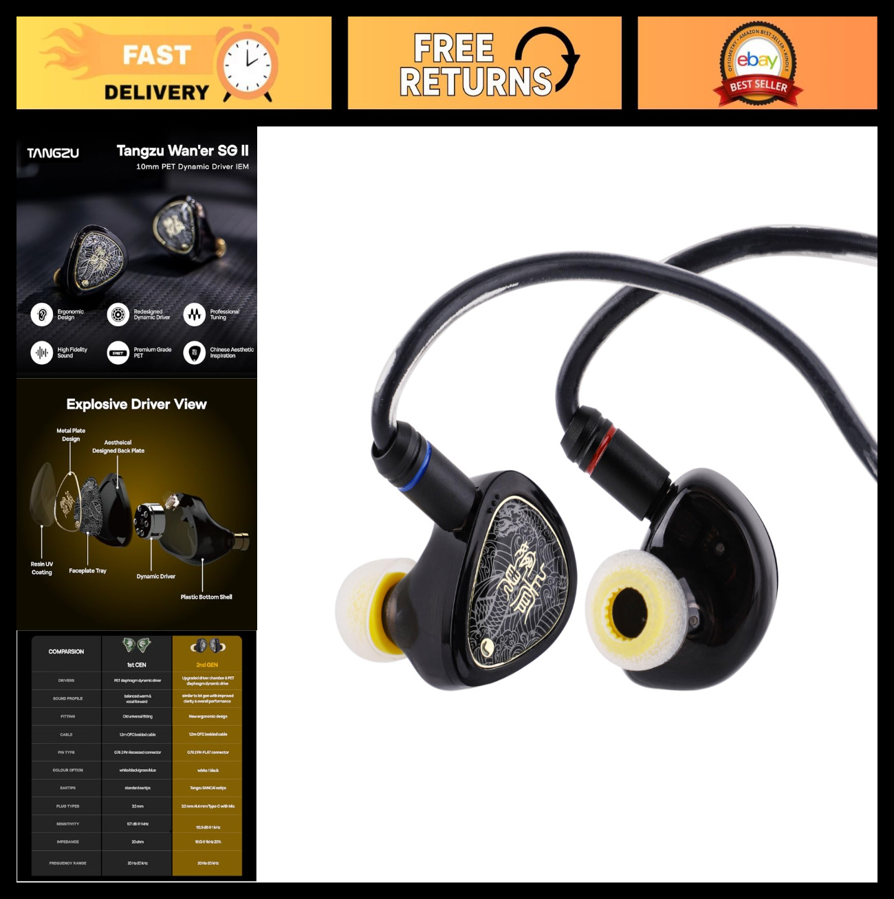 High-Quality In-Ear Monitors, 10mm Dynamic Driver Wired Earbuds, Gaming IEMs, Au