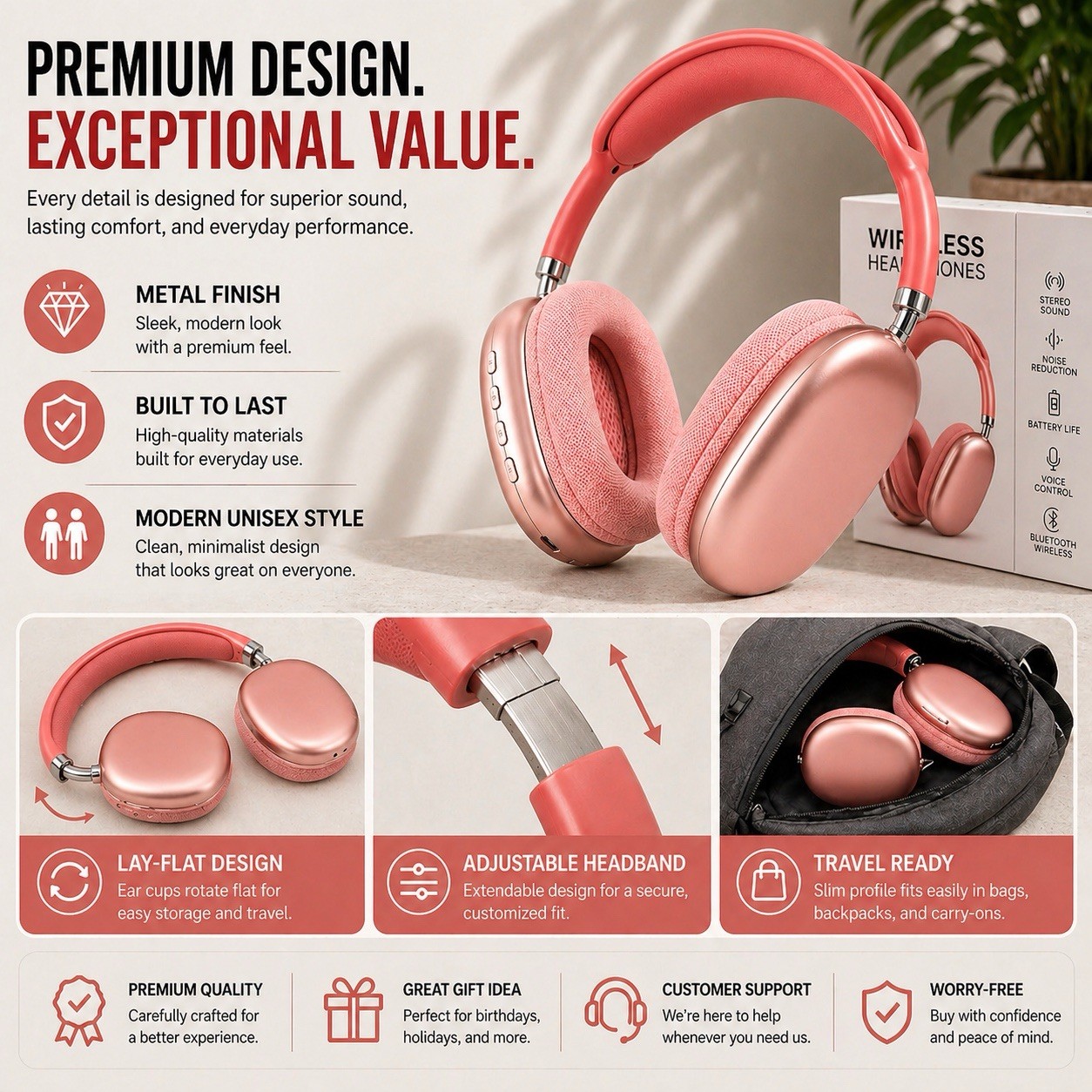 New P9 PRO MAX Headphones Noise Cancelling Bluetooth Earphones Red