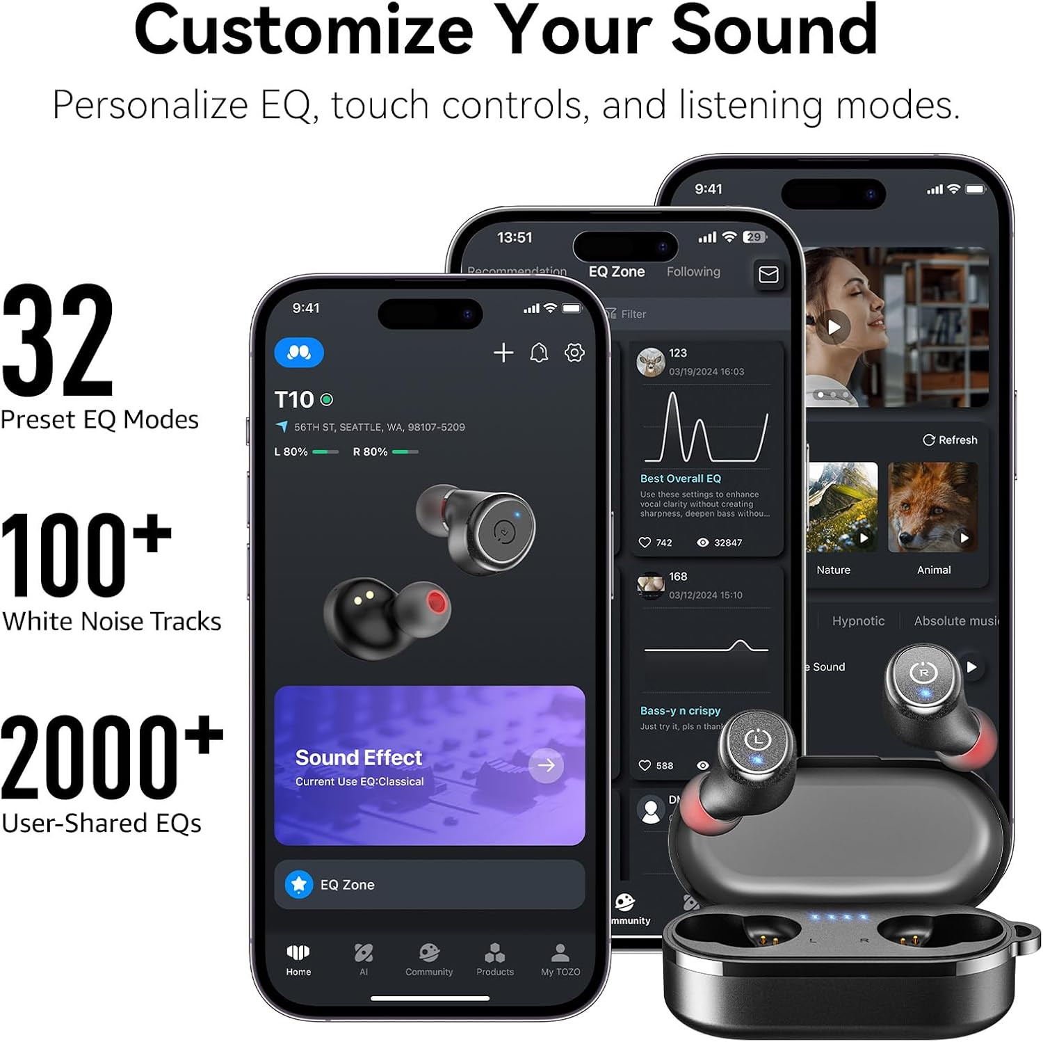 T10 Wireless Earbuds Bluetooth 5.3 Headphones, App Customize EQ, Ergonomic Desig