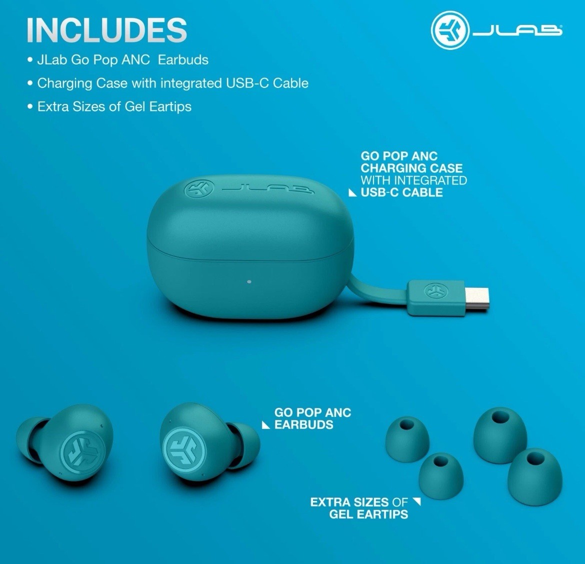 JLab Go Pop ANC True Wireless Earbuds , 24+ Hr Playtime, Bluetooth, Android/iOS