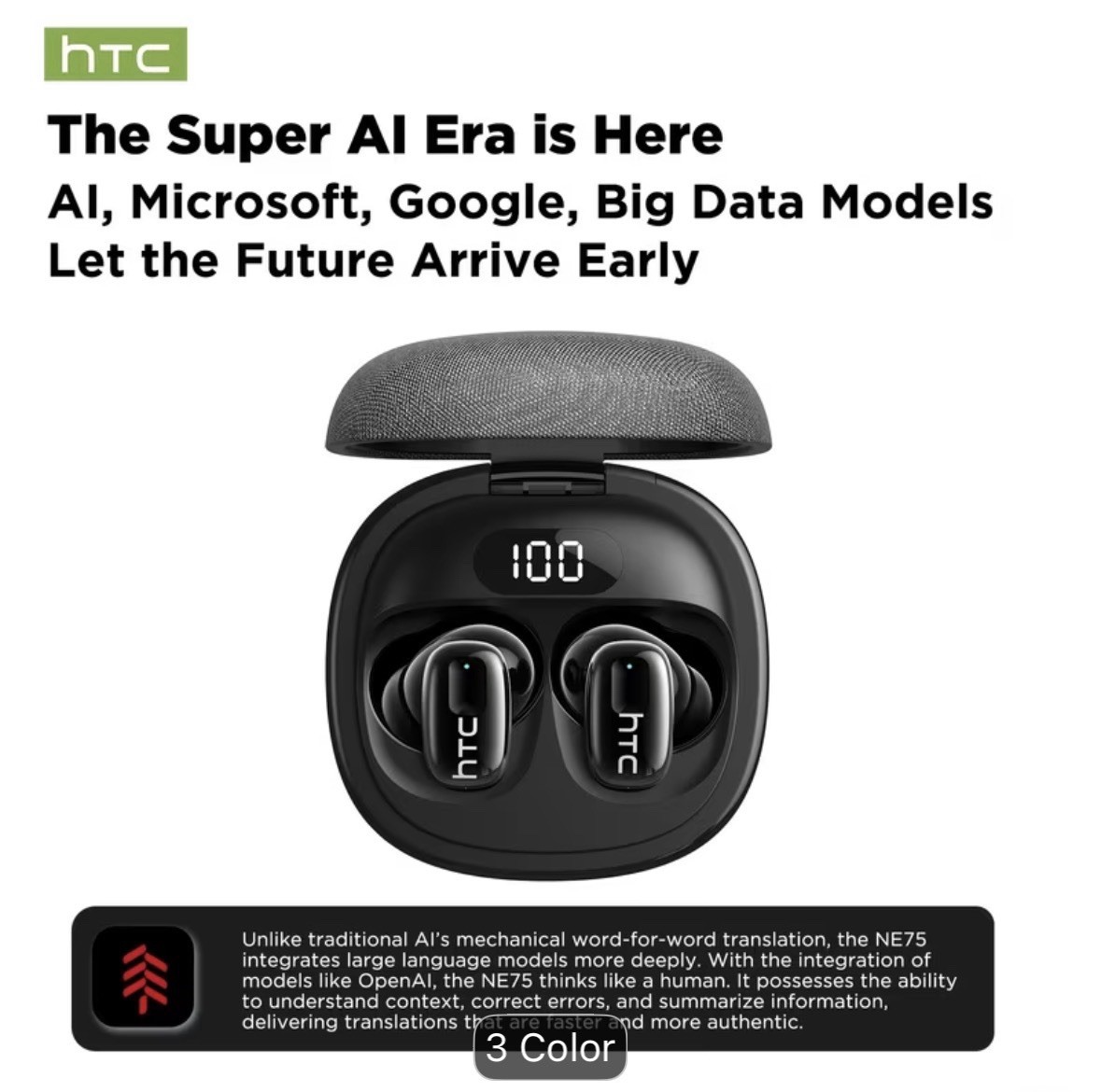 1pc HTC NE75 AI Open Wireless Translation Earphones – Support 135 Languages