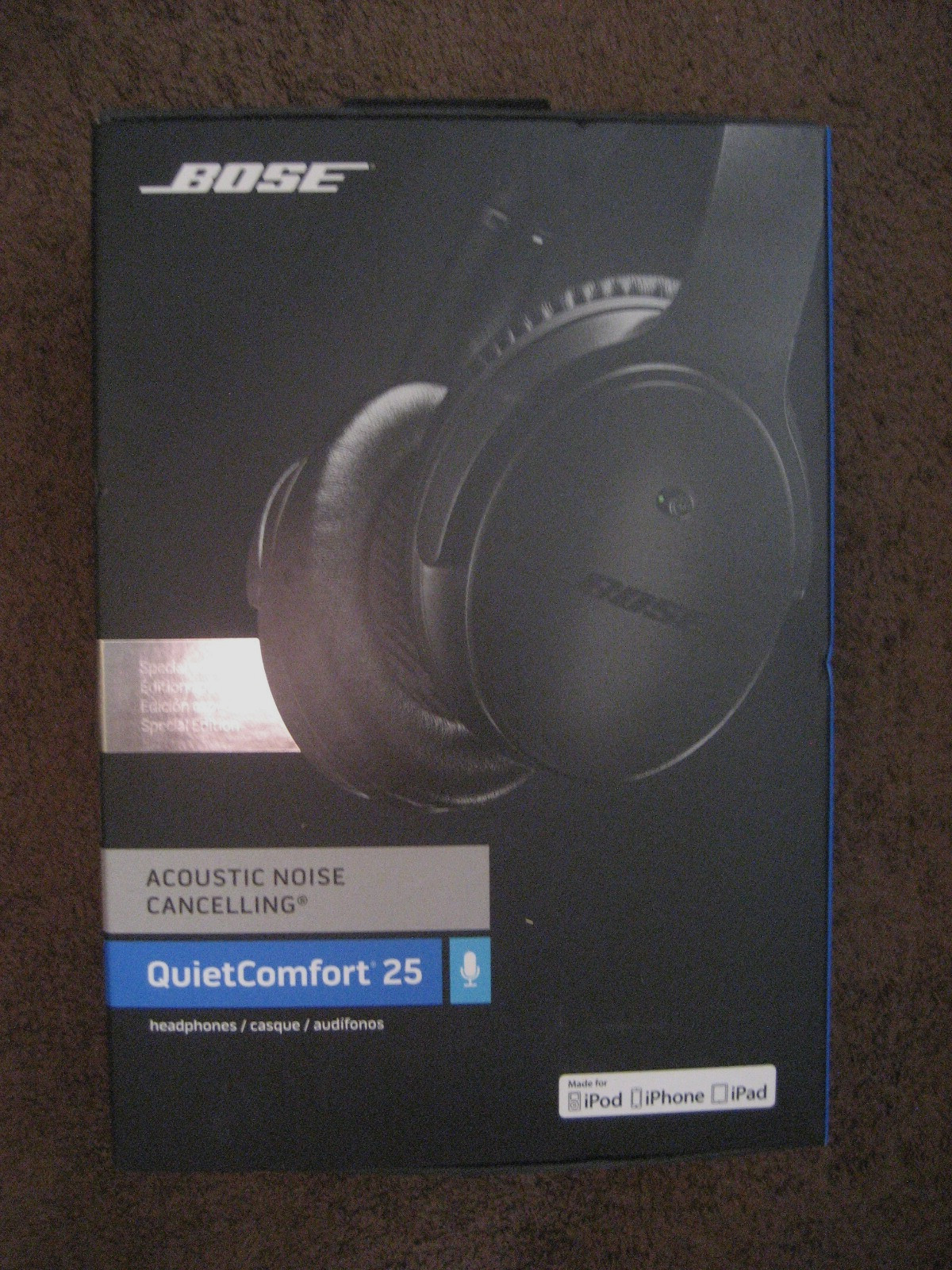 BOSE QUIET COMFORT 25 ACUSTIC NOISE CANCELING BLACK HEADPHONES WITH CASE W/INSTR