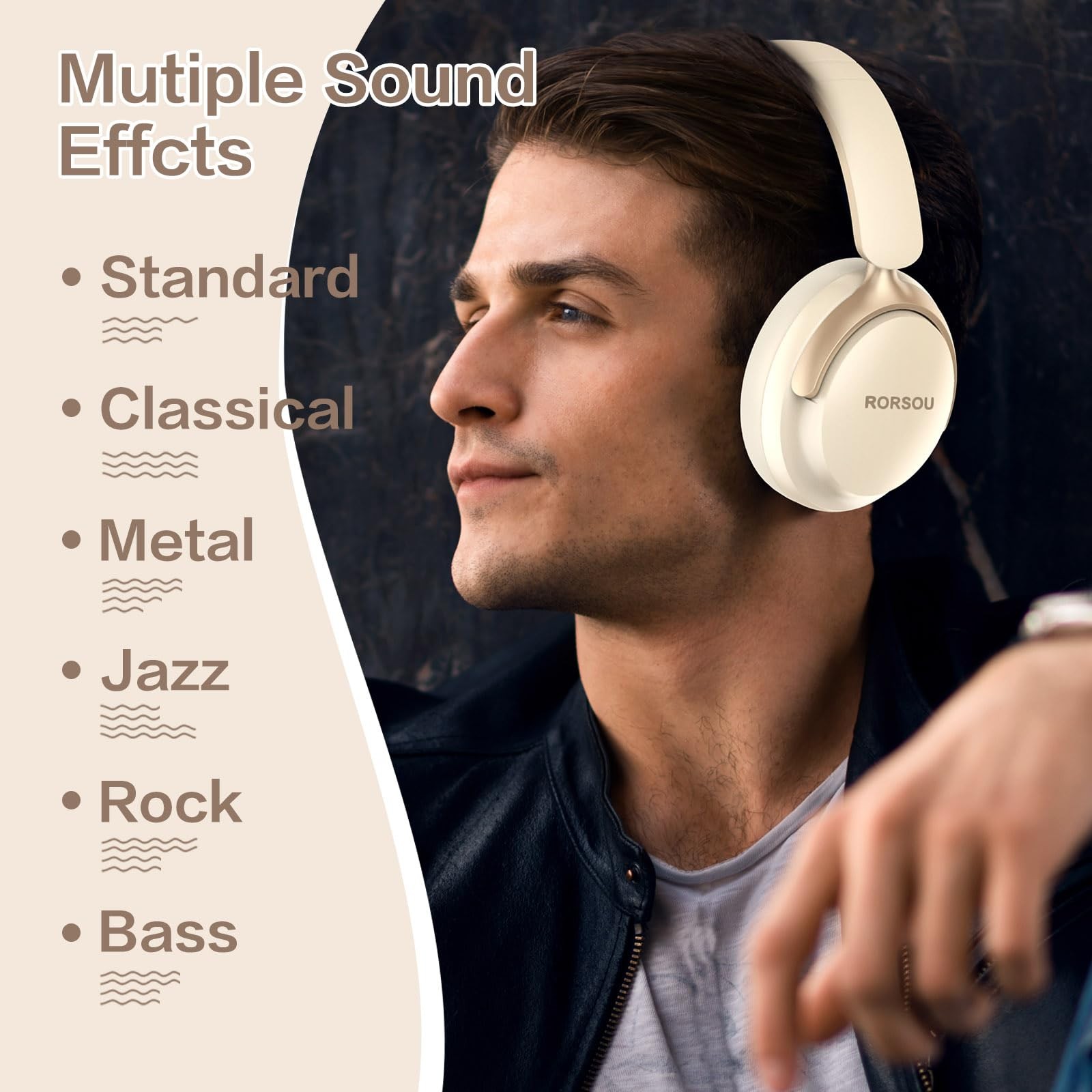 RORSOU B8 Bluetooth Headphones Over Ear, 6 EQ Music Modes Large, Beige White