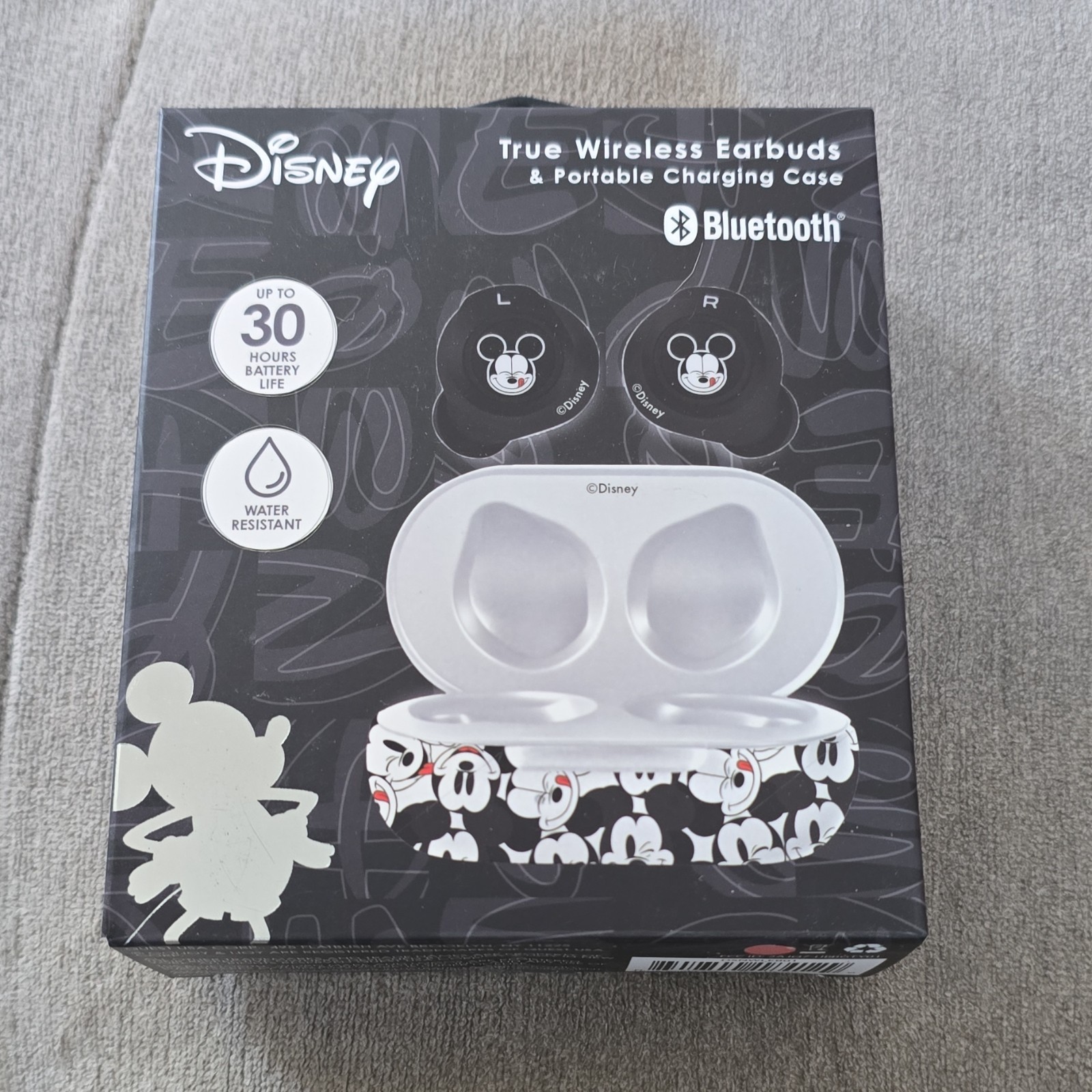 Disney True Wireless Bluetooth In-Ear Earbuds Water-Resistant Charging Case B/W