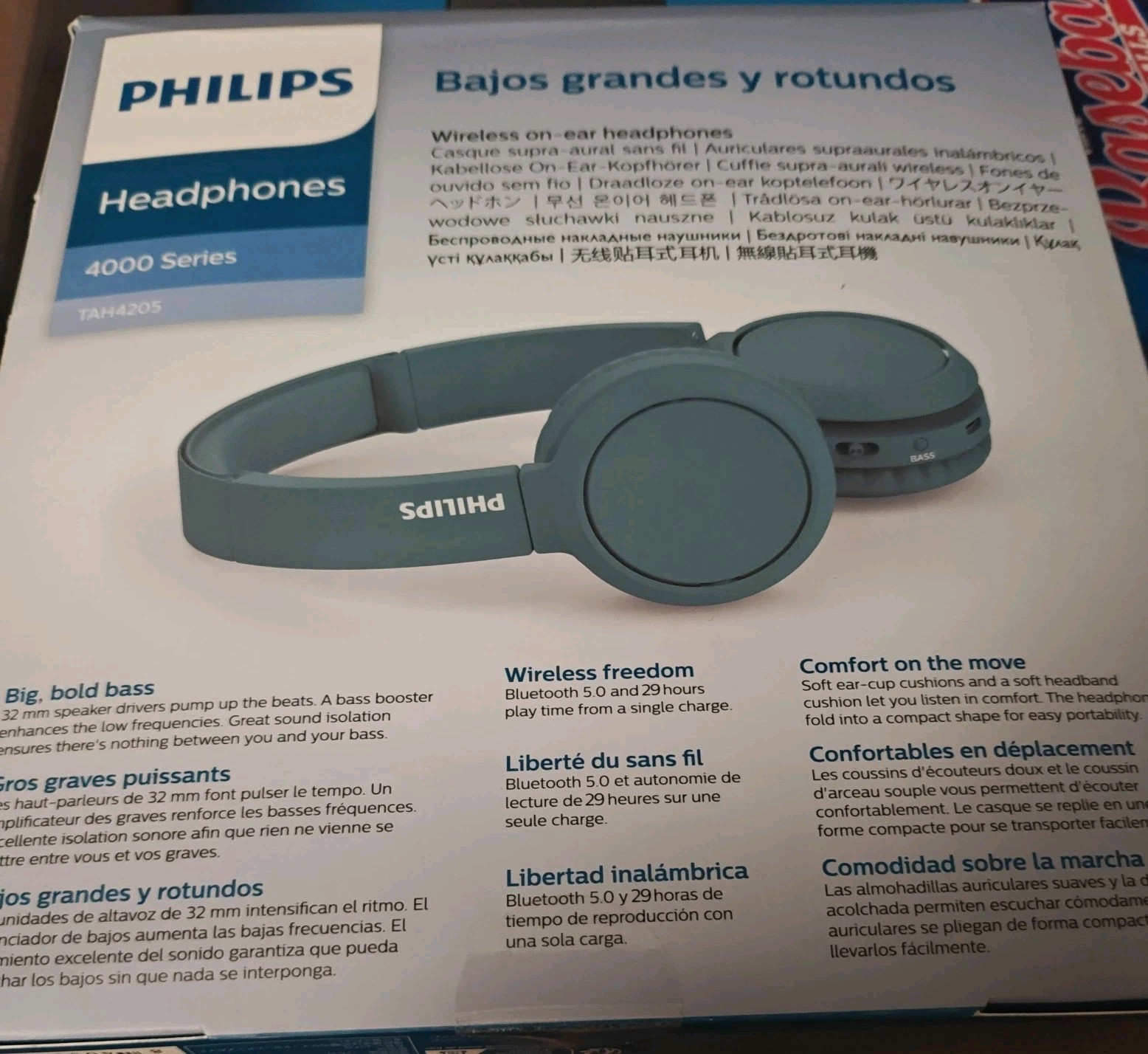 PHILIPS H4205 On-Ear Wireless Headphones with 32mm Drivers and BASS Boost – Blue