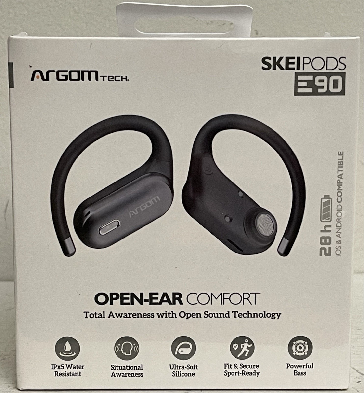 ArgomTech Skeipods E90 Open-Ear Wireless Earbuds, 26H, IPX5, Sport Fit