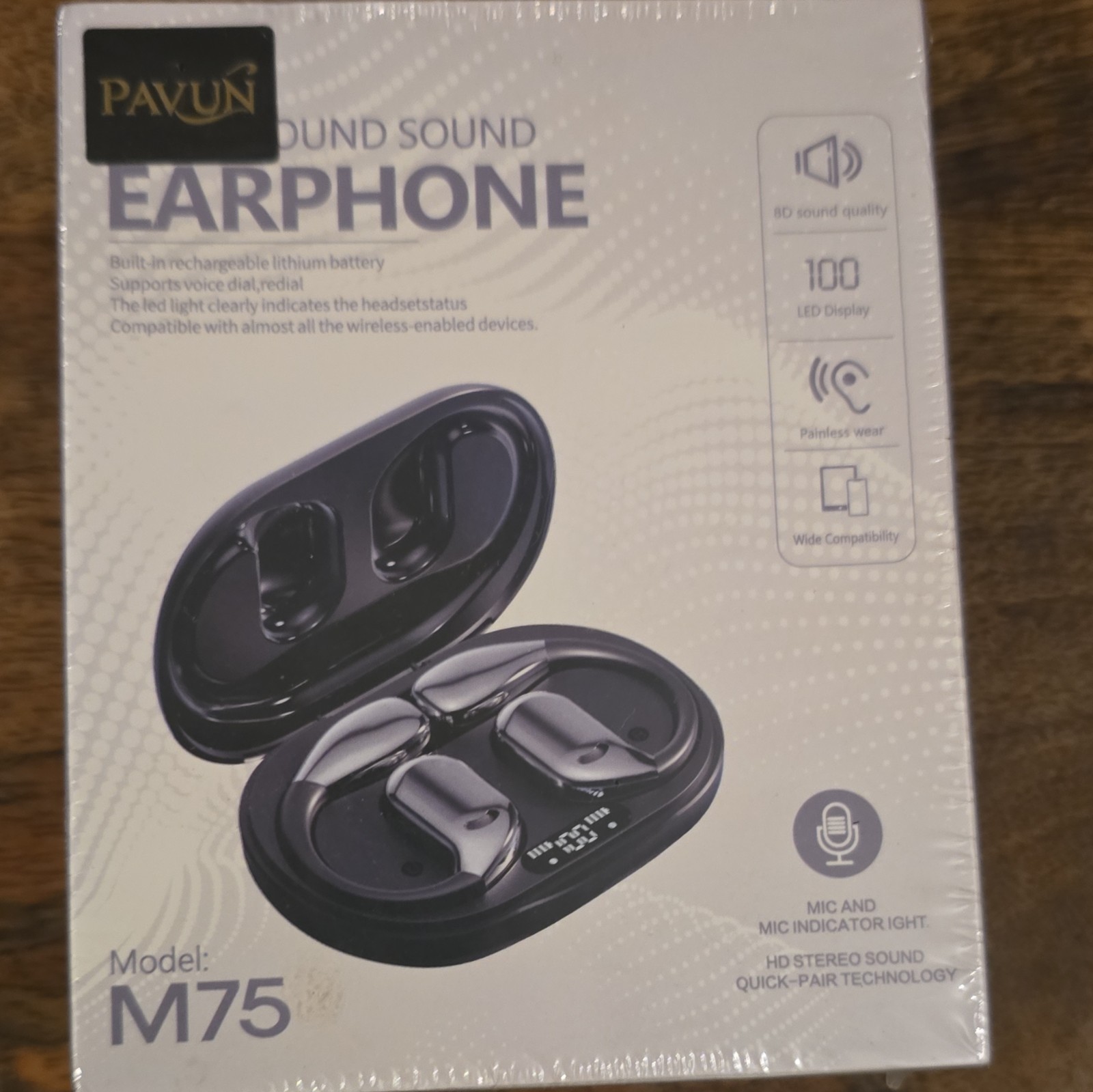 PAVUN M75 Wireless Bluetooth In-Ear Earbuds Black LED Display Built-in Mic