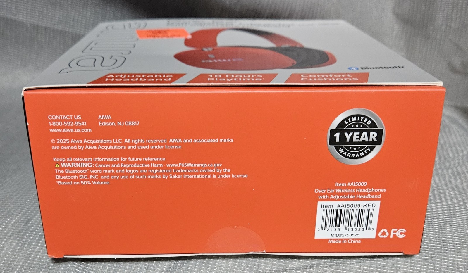NIB* Aiwa AI5009 Over Ear Wireless Adj. Pad Headphones, Bluetooth, 10 hours-red