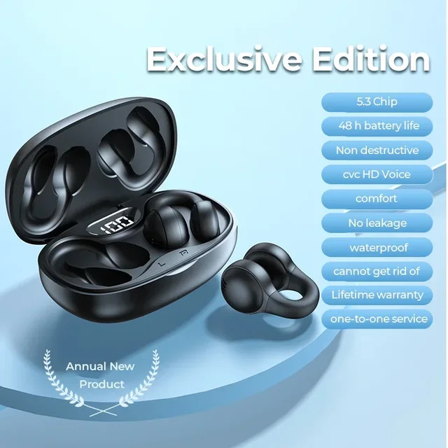 Open Ear Bone Conduction Headphones Bluetooth 5.3 Wireless Clip On Earbuds Adult