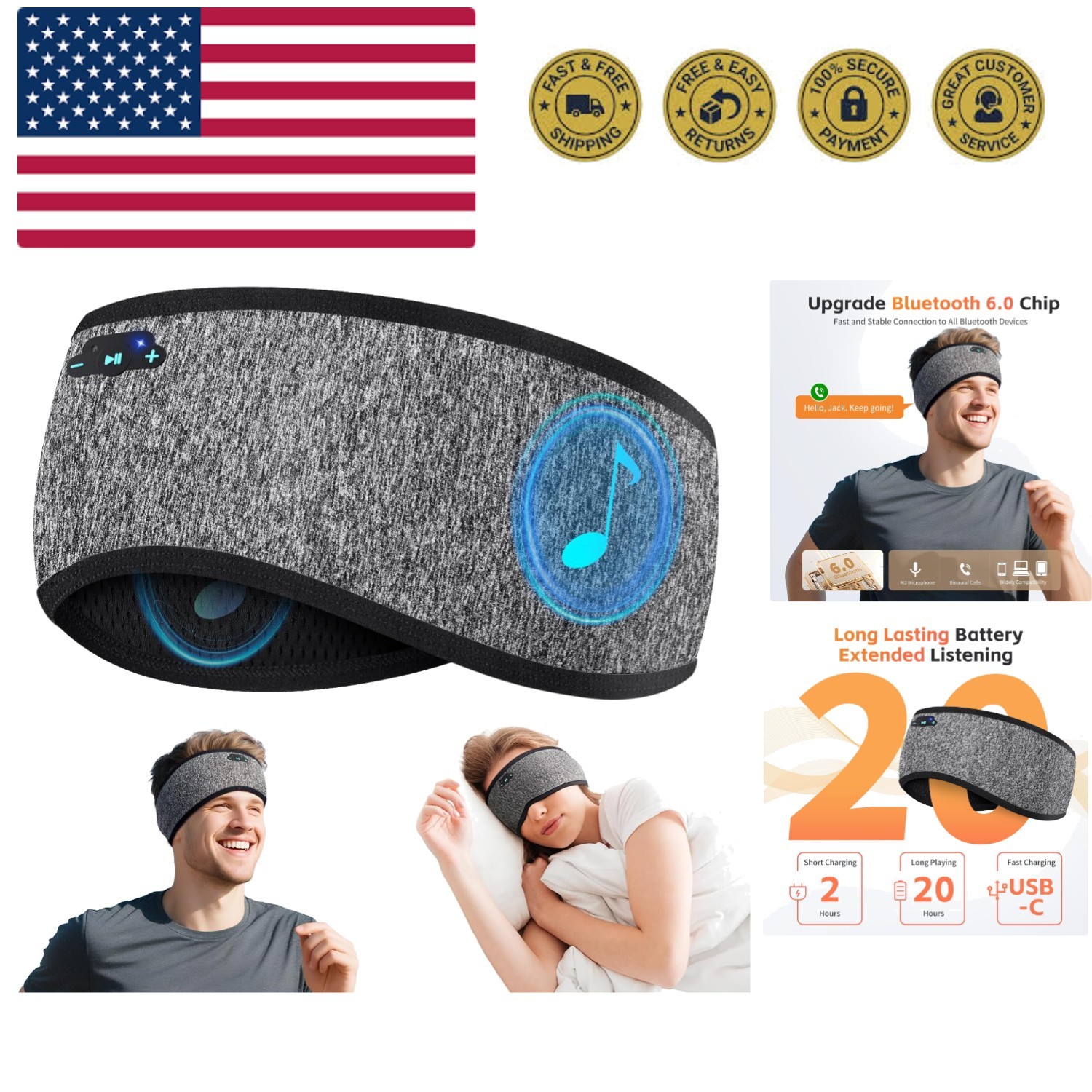 Sleep Headphones Bluetooth 6.0 Headband, 20H Playtime Headband Headphones wit…