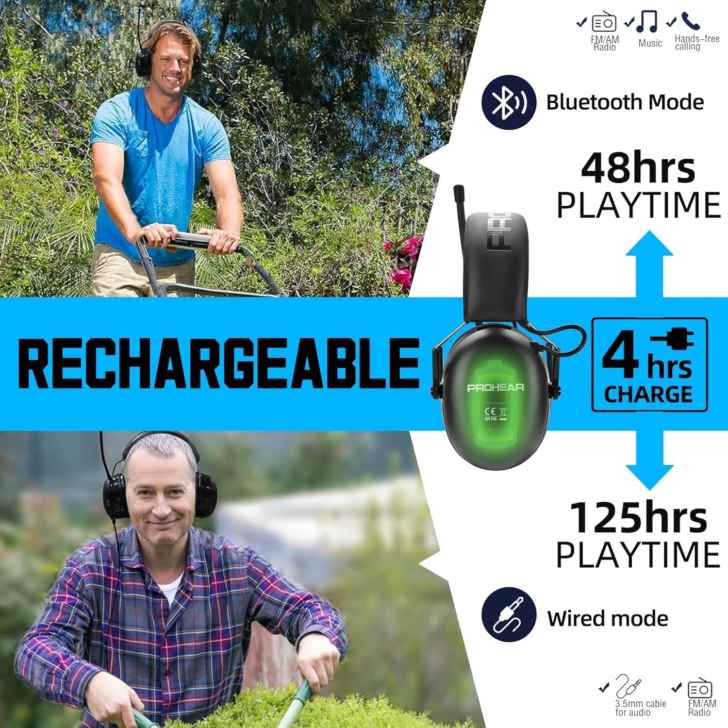 Noise Cancelling Bluetooth Headphones with FM Radio for Mowing and Construction