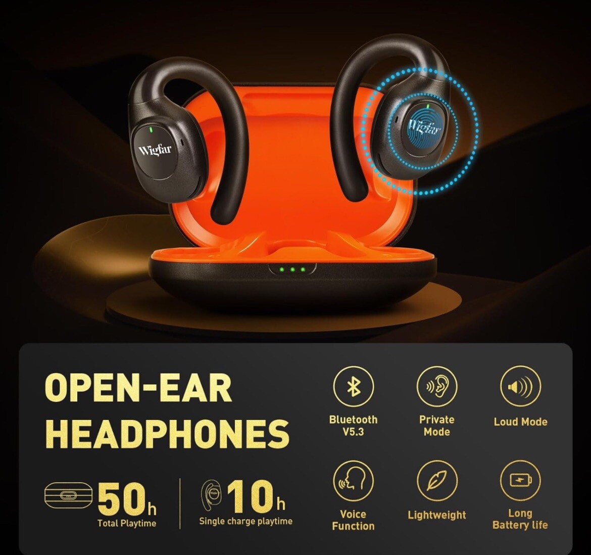 Open Ear Headphones, True Wireless Open Ear Earbuds，50H Playtime