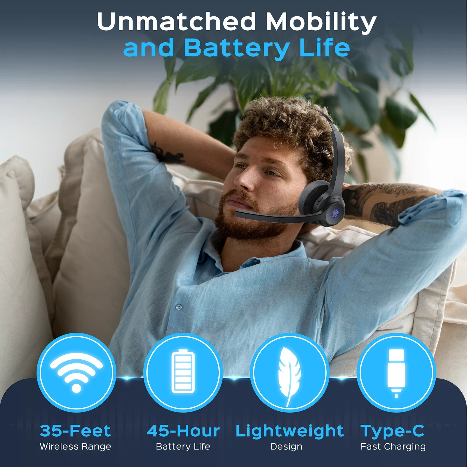 TREBLAB C7 – Single Ear Bluetooth Headset with Mic, 45H Playtime