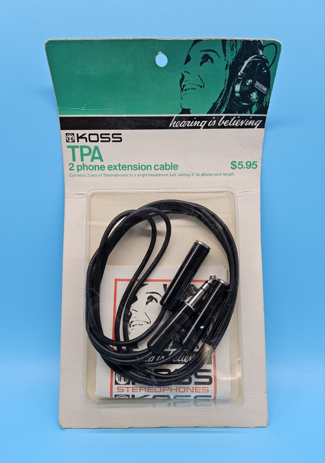 KOSS TPA Headphone Jack Vintage 3′ Extension Cable Connects 2 Stereophones NOS