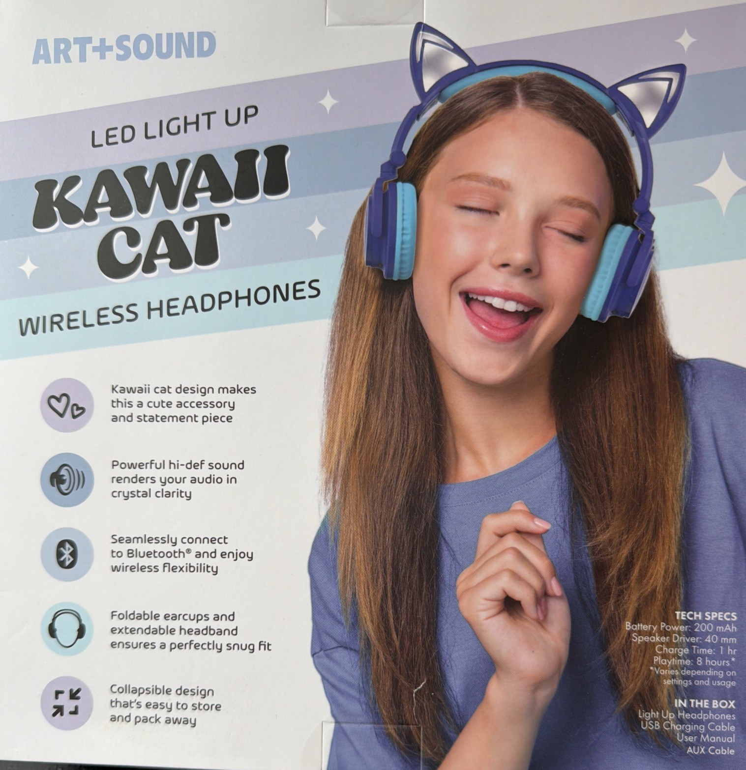 Art+Sound Kawaii Cat LED Light Up Wireless Headphones Microphone Bluetooth NEW