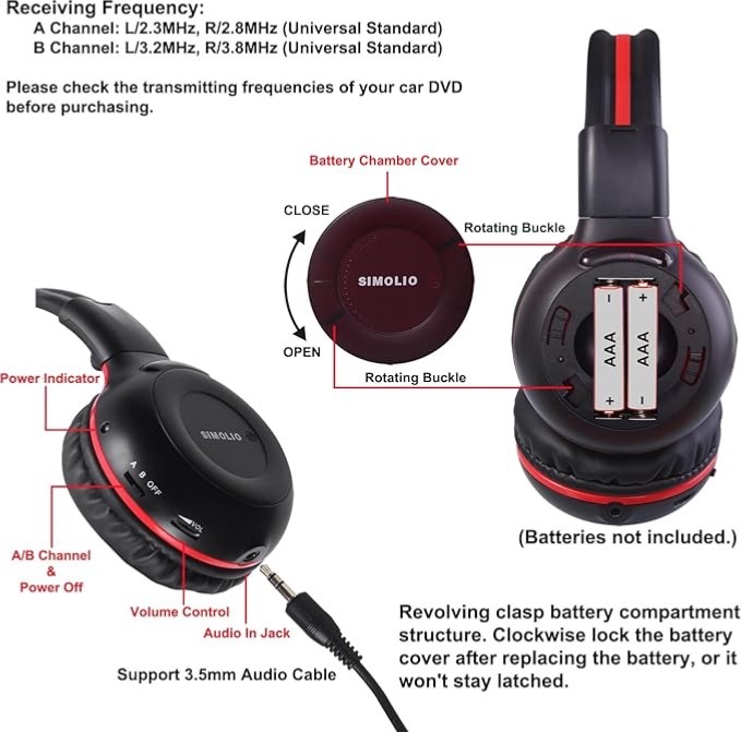 Kids Two-Channel IR Wireless Headphones Over-Ear Stereo Honda Odyssey Rear.w/bag