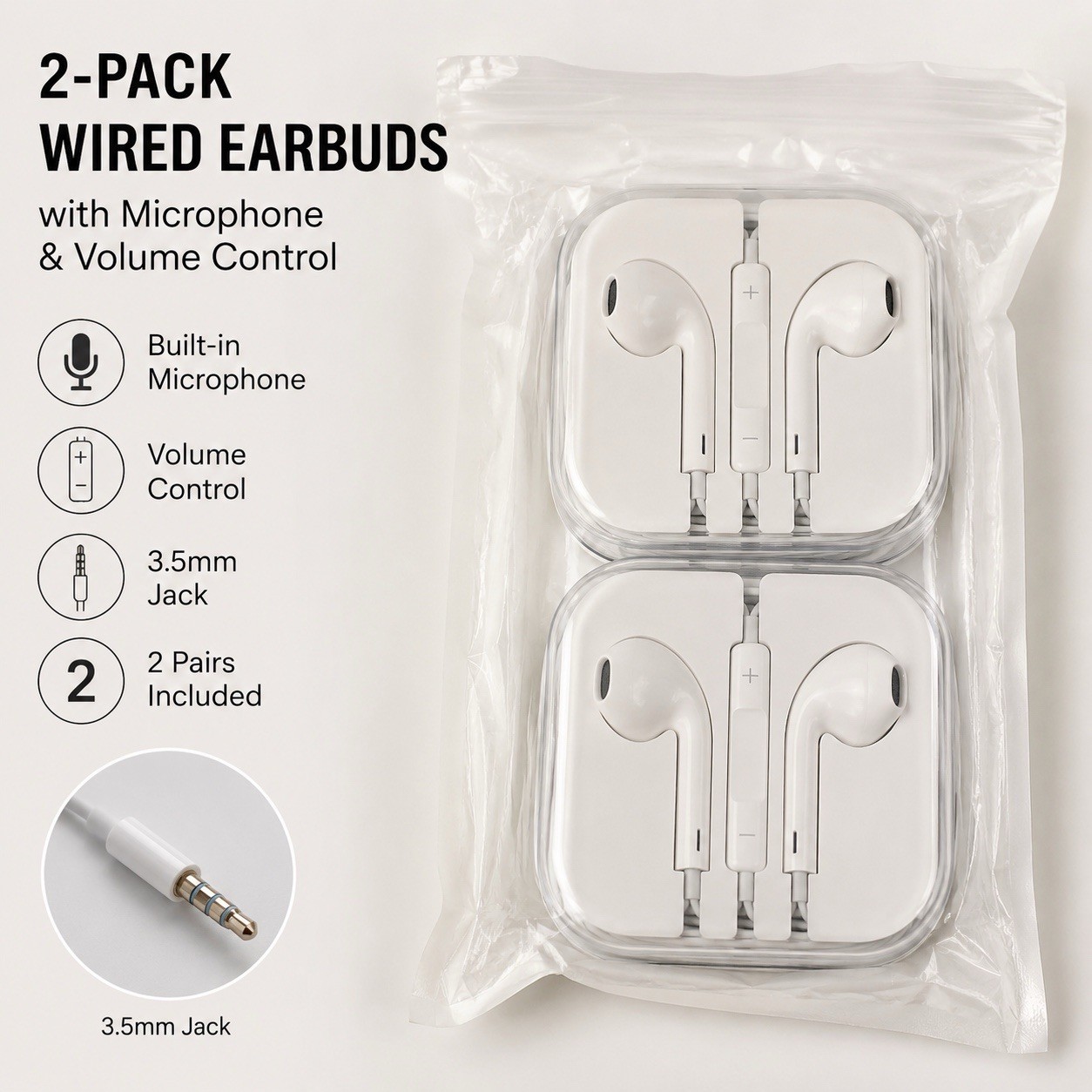 2-Pack Wired Earbuds with Mic – 3.5mm Headphone Jack – New