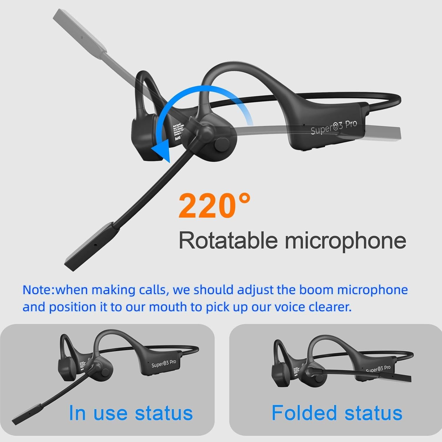 Bone Conduction Headphones with Boom Mic Bluetooth Open Ear Wireless Computer He