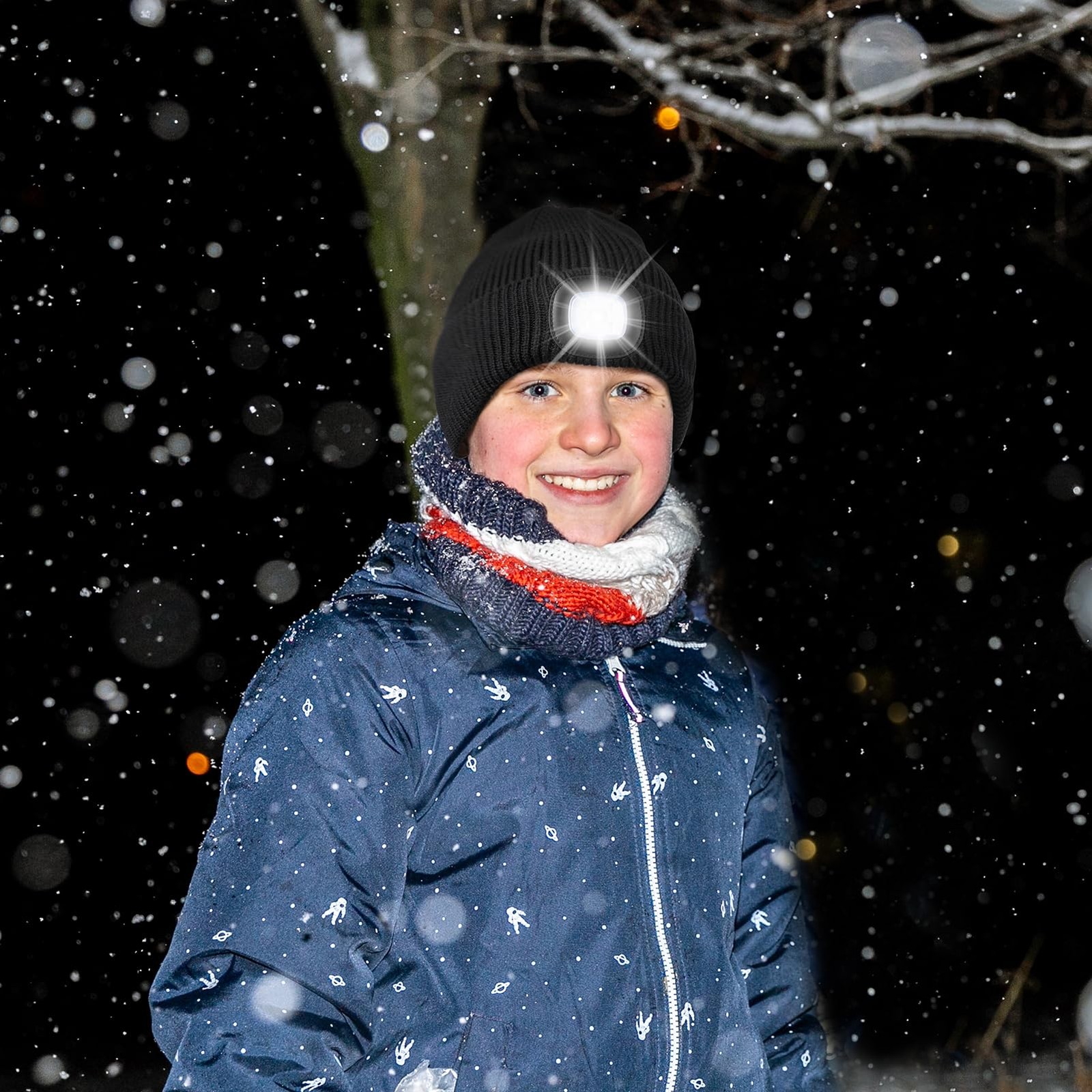 Hat With Light For Kids Fleece Lined Knit Beanie Boys Girls Type-c Headlamp