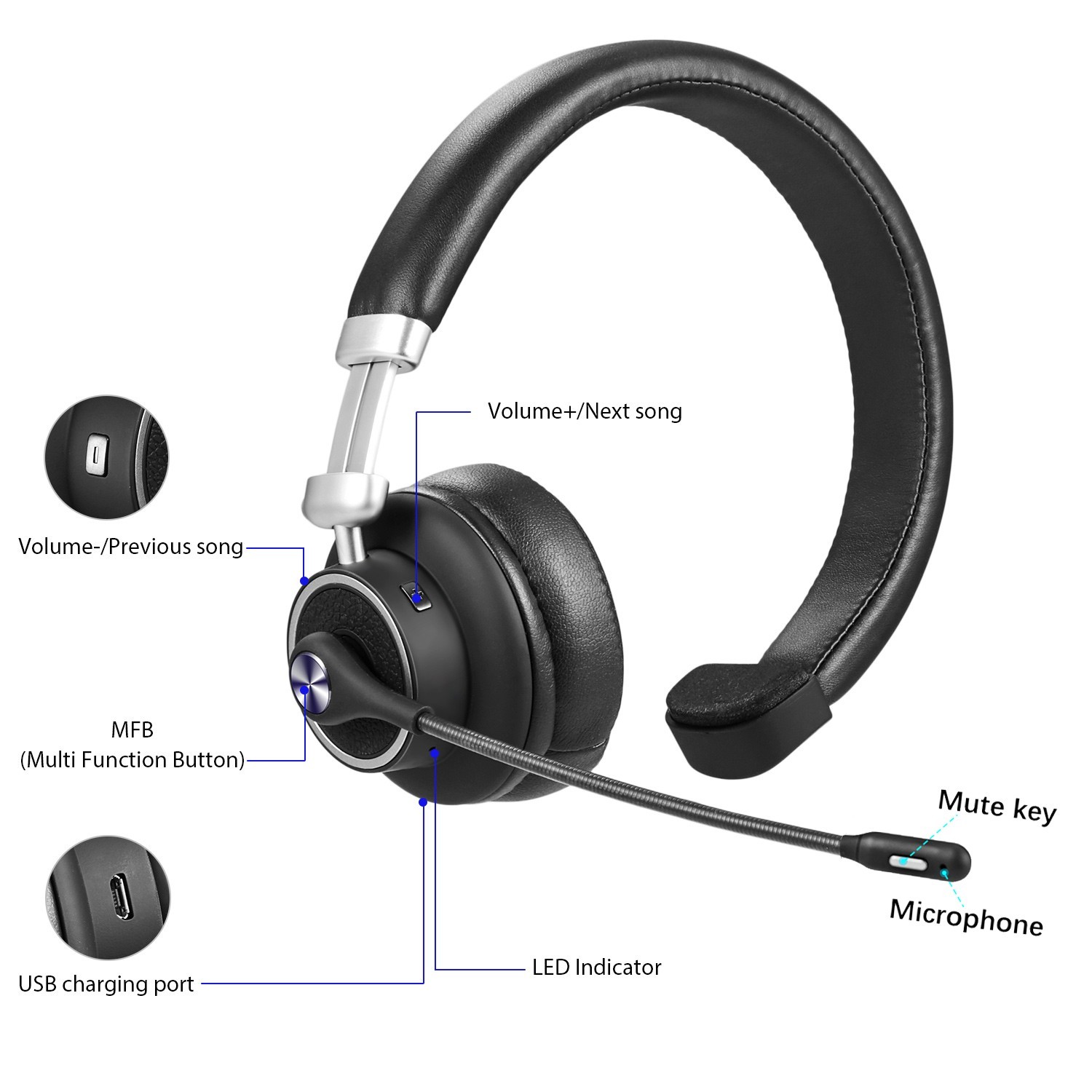 Wireless Over the Head Bluetooth Headset Truck Driver Noise Cancelling Boom Mic