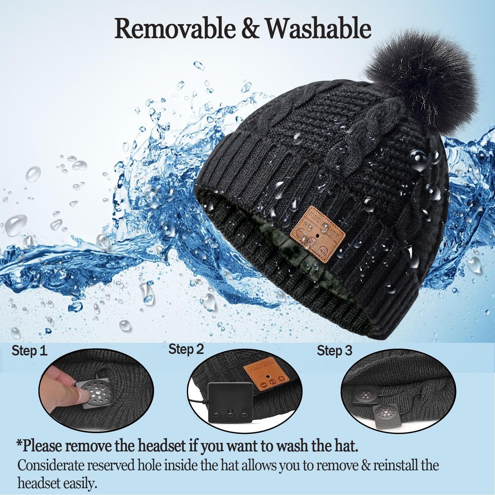 Bluetooth Beanie Hat Women Sport Wireless Music Stereo Headphones Mic Pompon