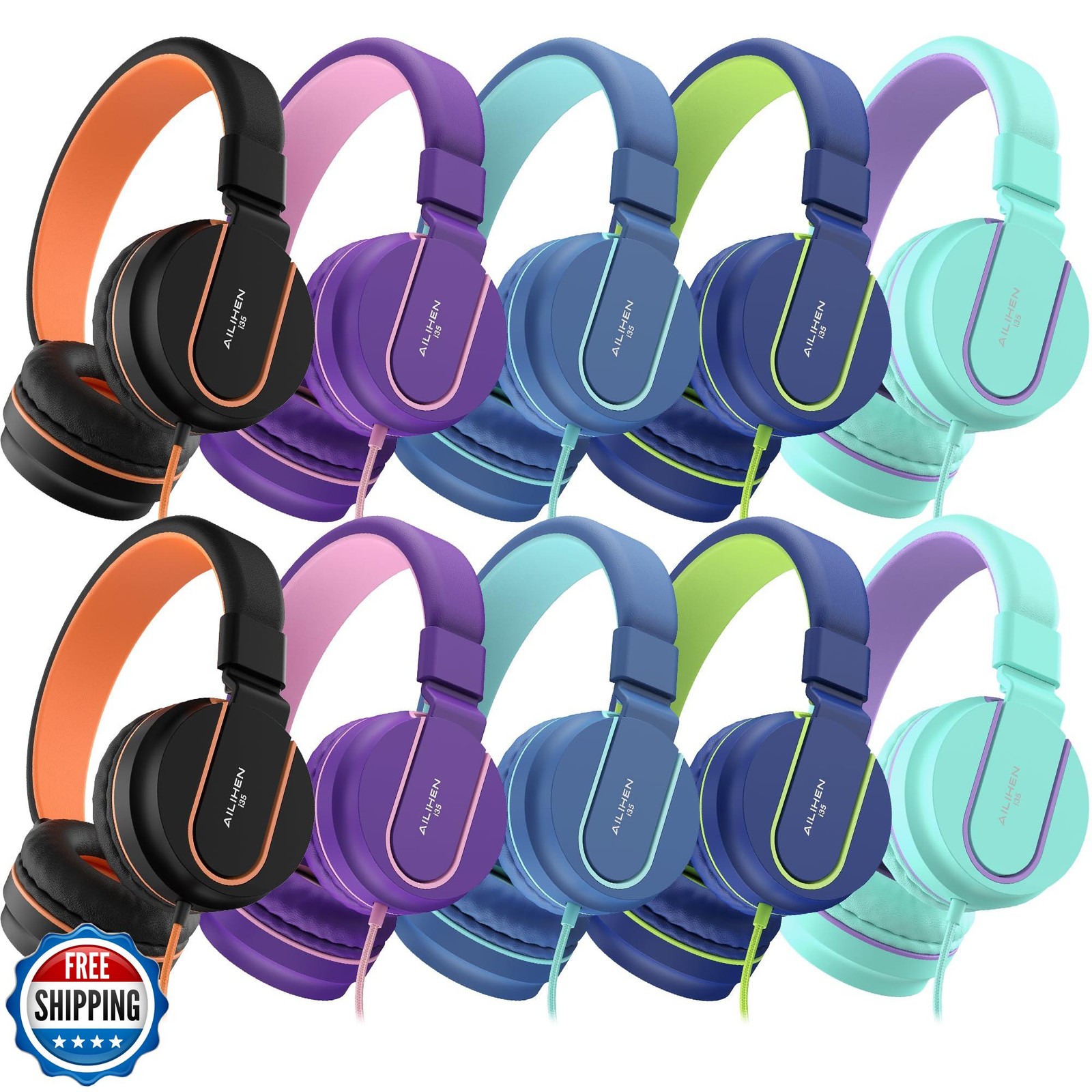 AILIHEN Kids Headphones Bulk 10-Pack for K-12 School Classroom, On-Ear Wired
