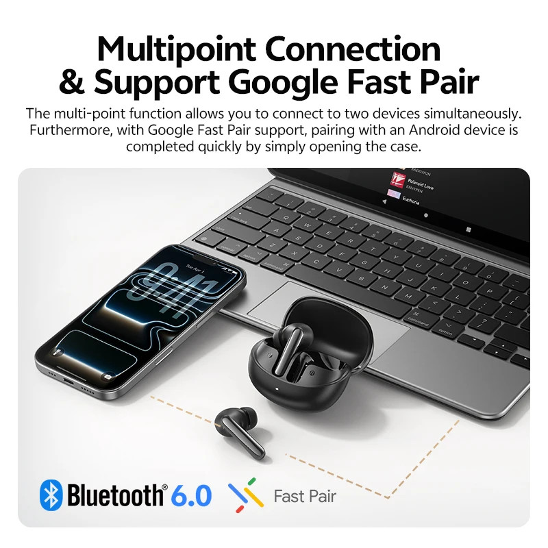 QCY MeloBuds N60 Wireless Earbuds Bluetooth 6.0 Hybrid ANC LDAC 45Hrs
