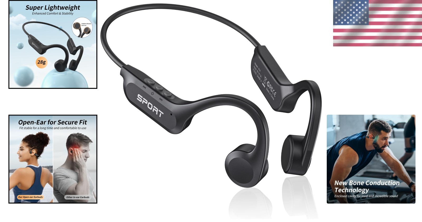 Lightweight Bone Conduction Headphones with Mic – 10 Hours Playtime & Waterproof