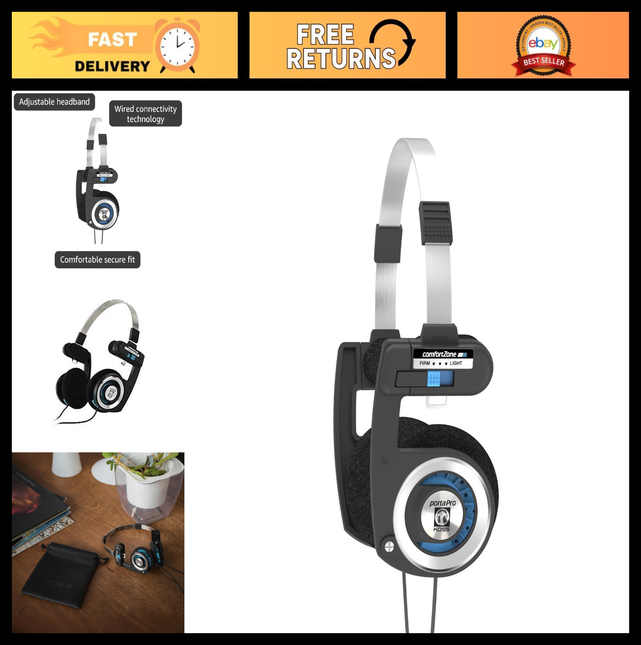 Classic Retro On-Ear Headphones, Wired 3.5mm Plug, Collapsible Design, Soft Case
