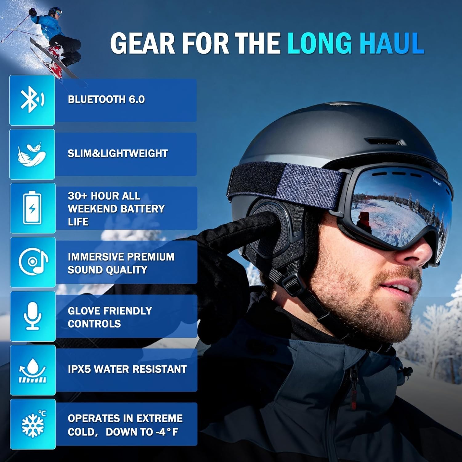 Wireless Bluetooth 6.0 Ski Helmet Speakers – 30H Playtime, Glove-Friendly, HDR