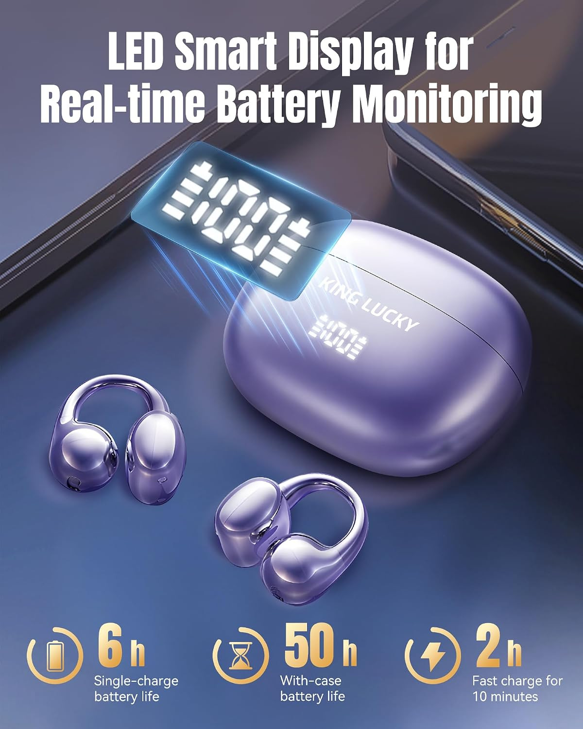 King Lucky Clip-On Earbuds Gen 3, Open-Ear Wireless Bluetooth 6.0 Headphones wit