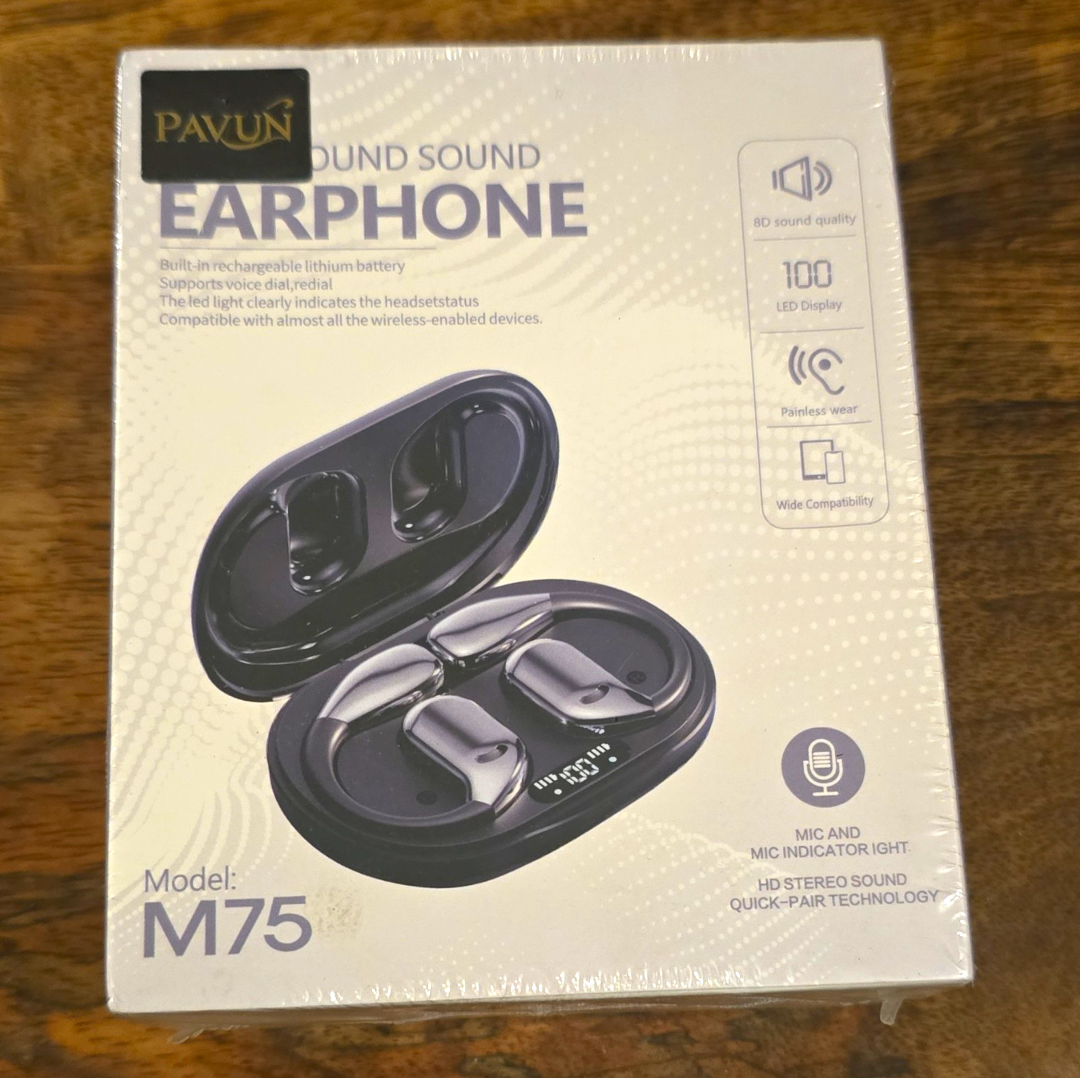 PAVUN M75 Wireless Bluetooth In-Ear Earbuds Black LED Display Built-in Mic