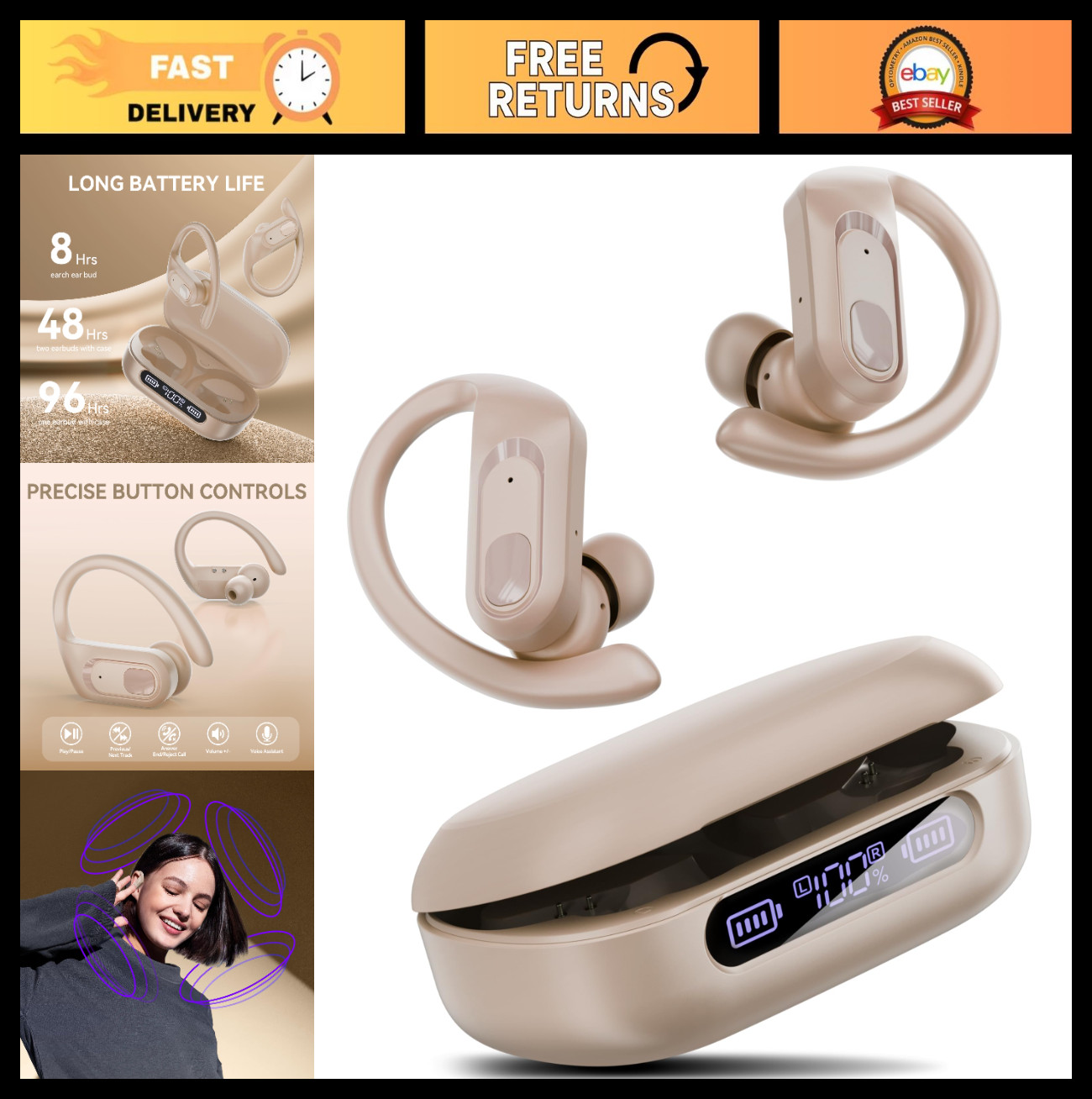 Active Noise Cancelling Wireless Earbuds, Bluetooth Headphones, 96Hrs Playback,
