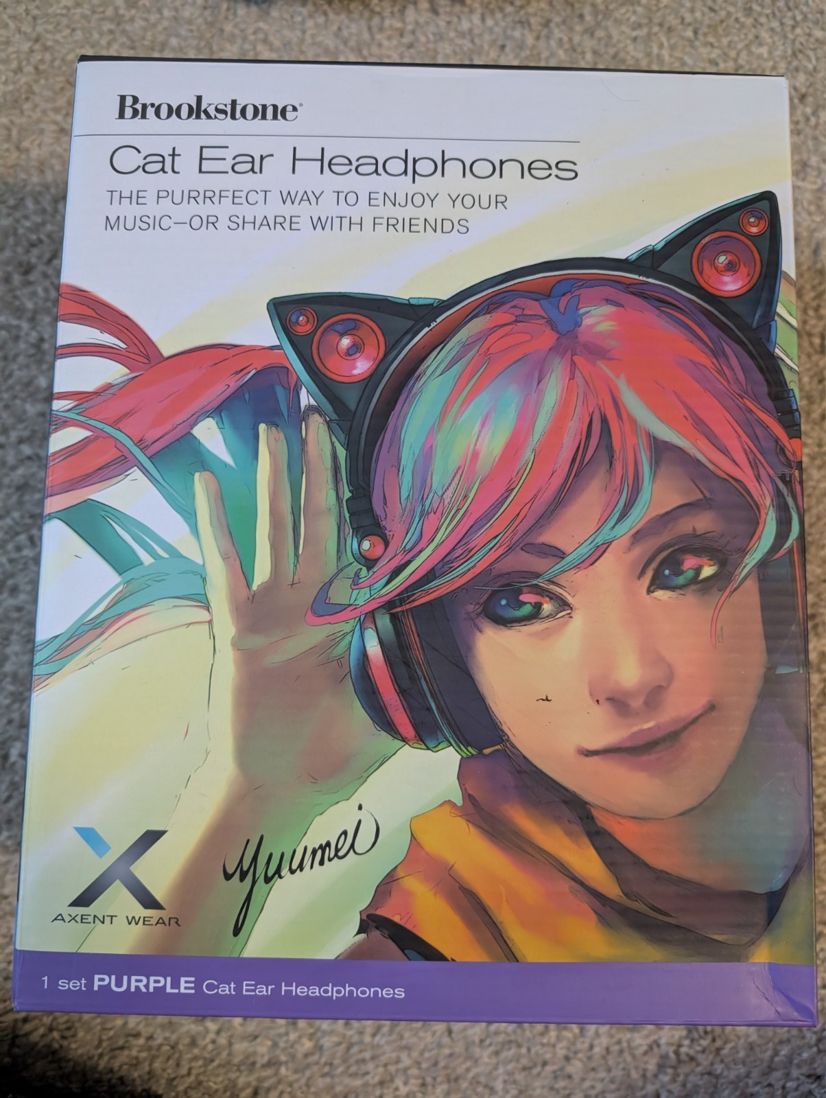 Brookstone Car Ear Light Up Headphones Black/Purple with case, box, mic, cables
