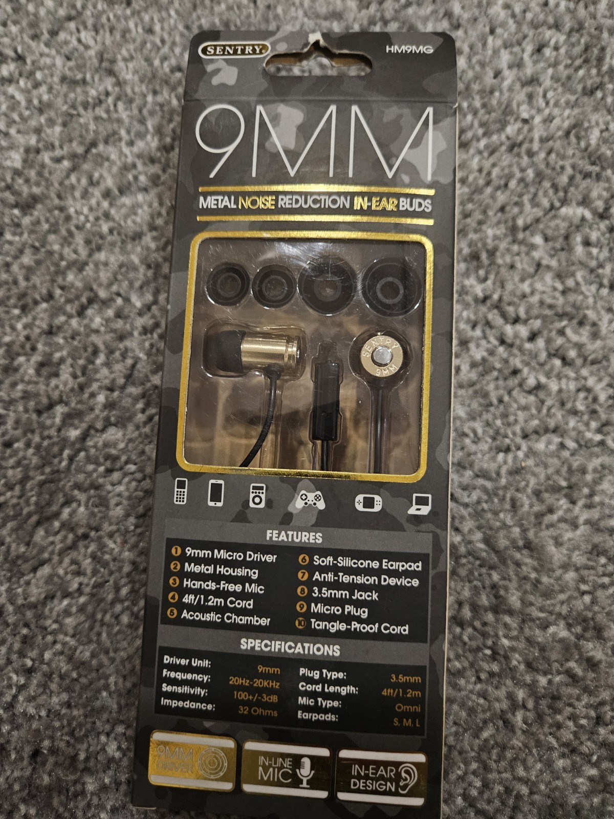 Sentry Bullets 9mm Earbuds in Gold Sentry HG9MM
