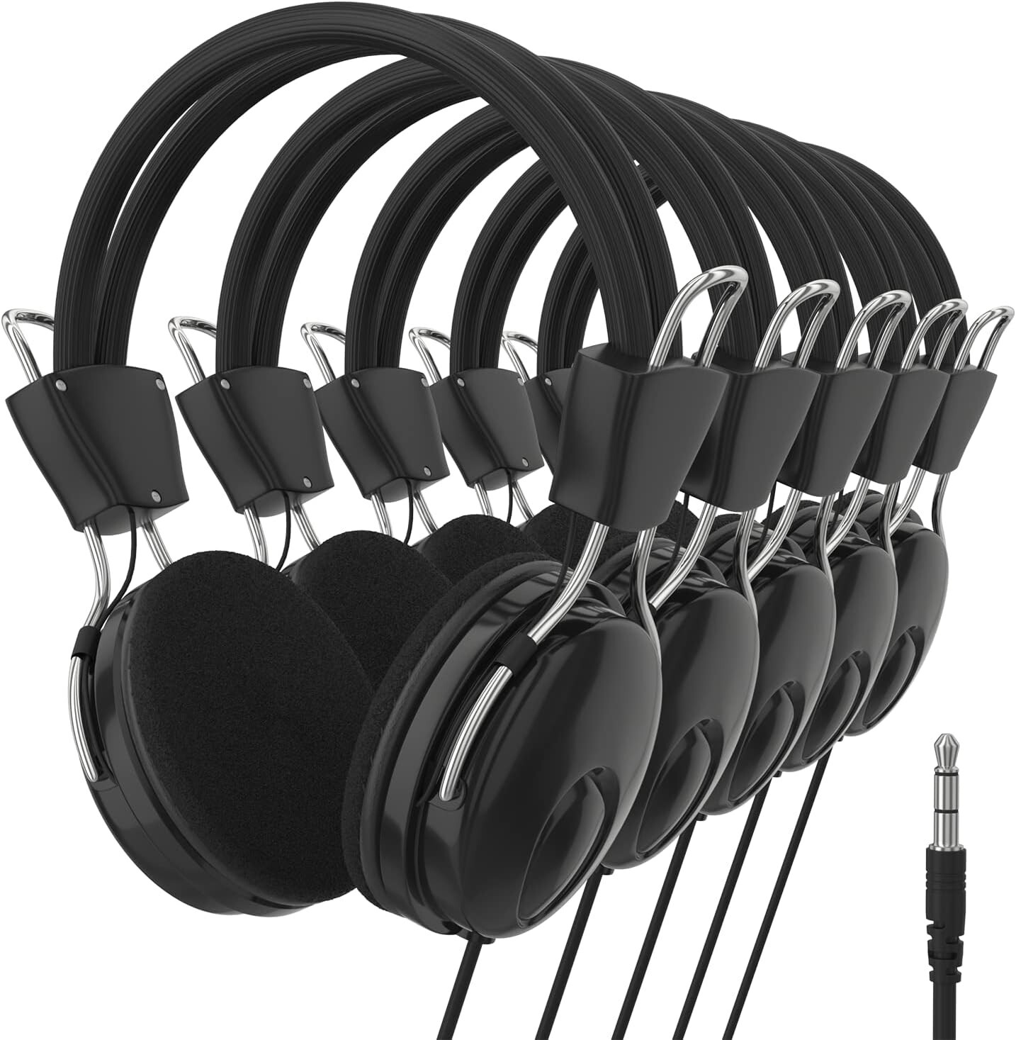 5 Pack Bulk Wired On-Ear Headphones with 3.5mm Plug for Classroom Library Travel