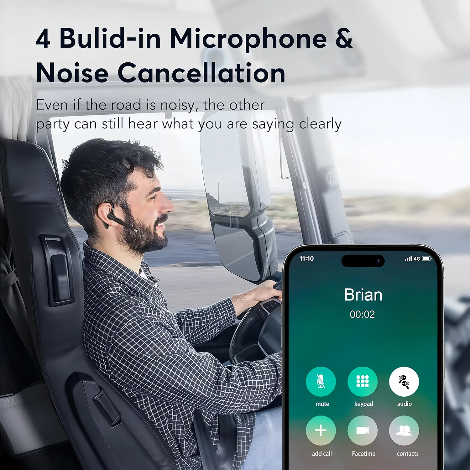 Trucker Wireless Headset Bluetooth 5.1 Earpiece Dual Mic Earbud Noise Cancelling