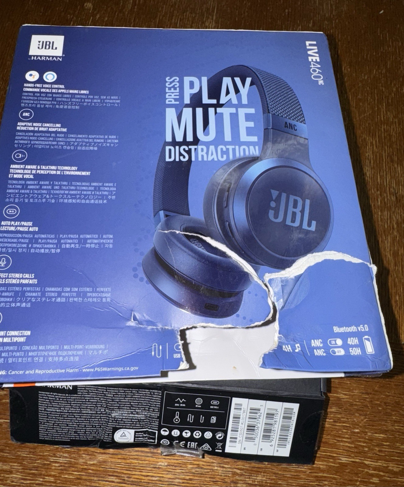 JBL Live 460NC, Wireless On-Ear Noise Canceling Headphones. Blue