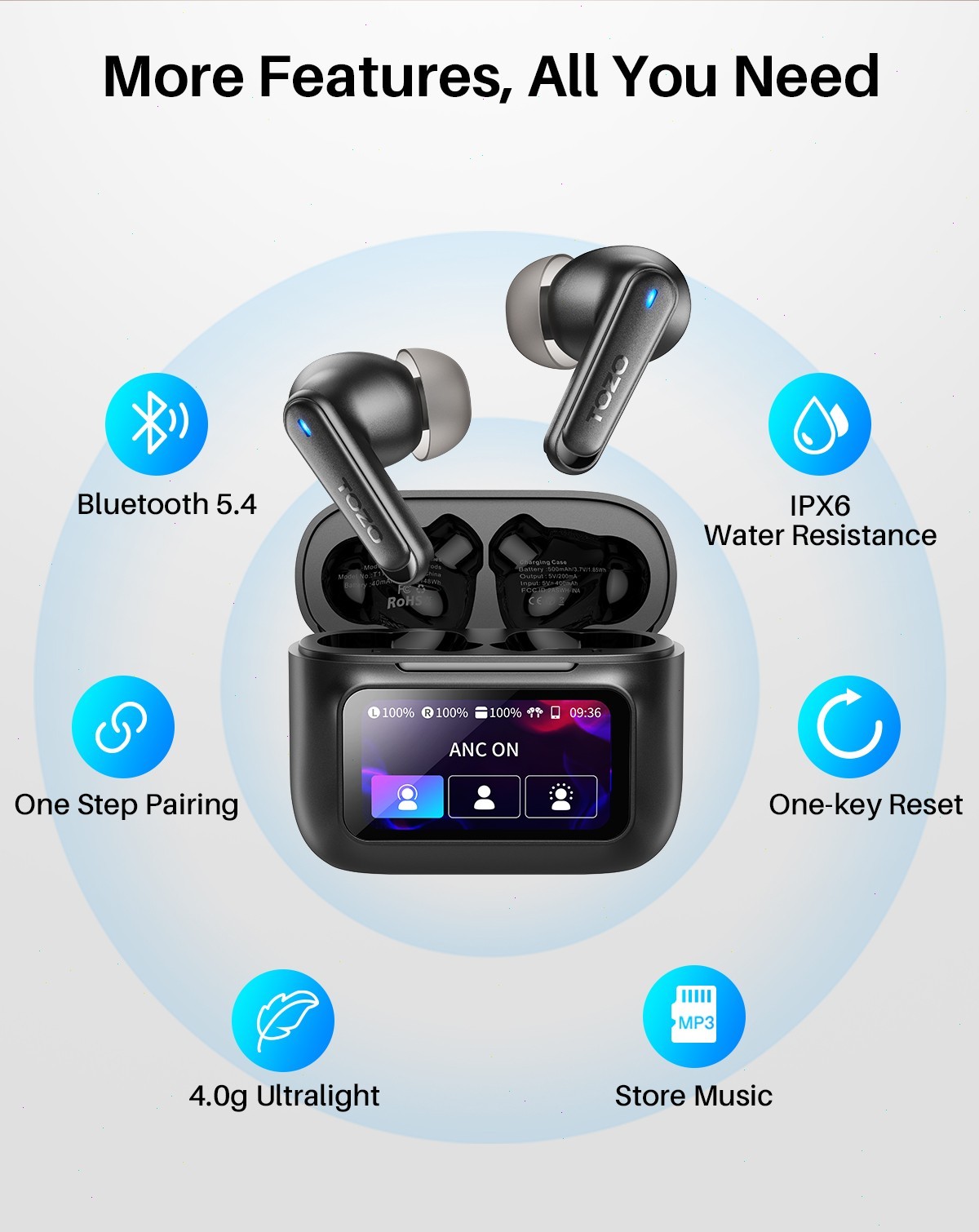 TOZO Hybrid Active Noise Cancelling Earbuds with Smart Touch Screen