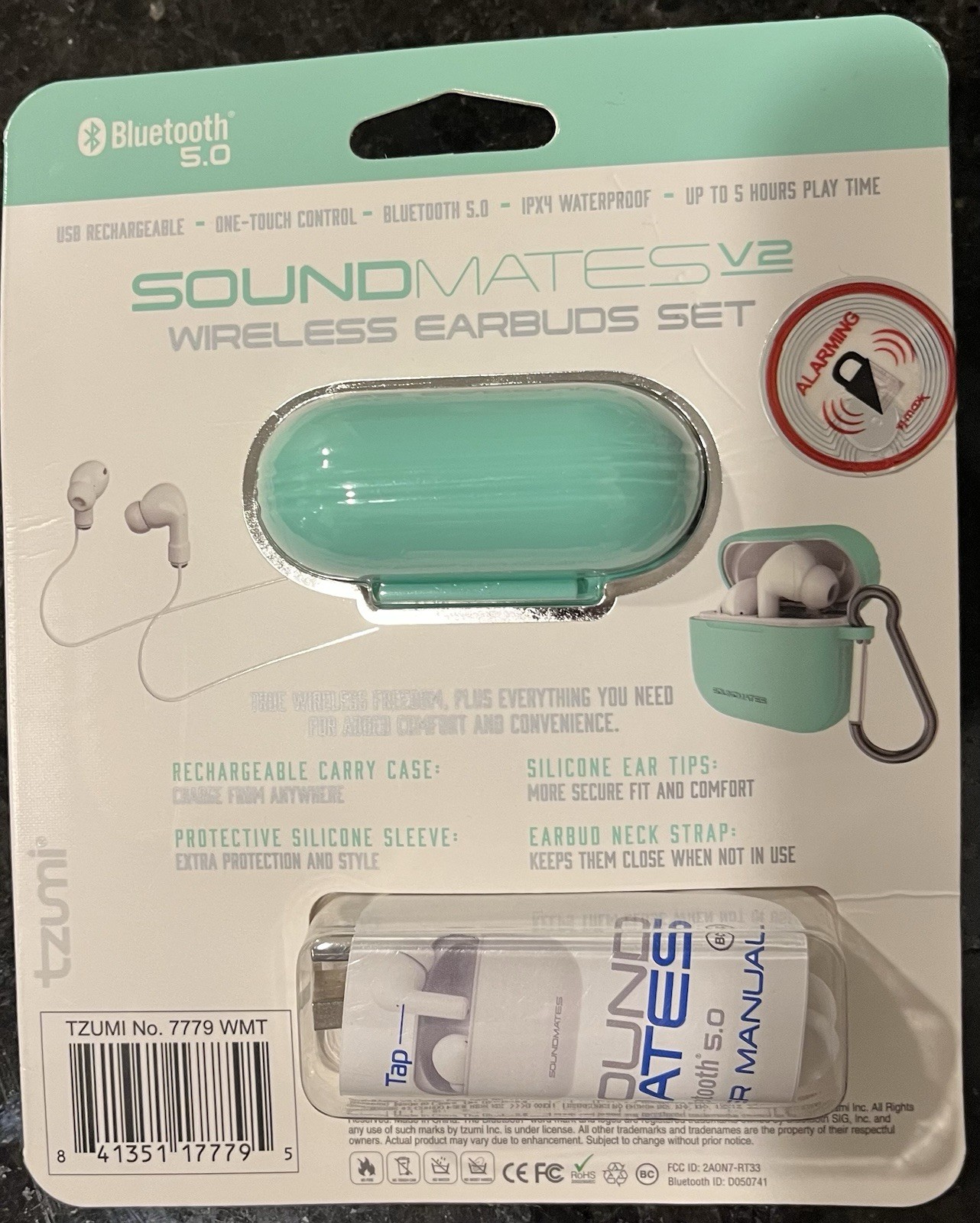 Tzumi SoundMates V2 Bluetooth 5.0 Wireless Earbuds Mic Waterproof, Tips