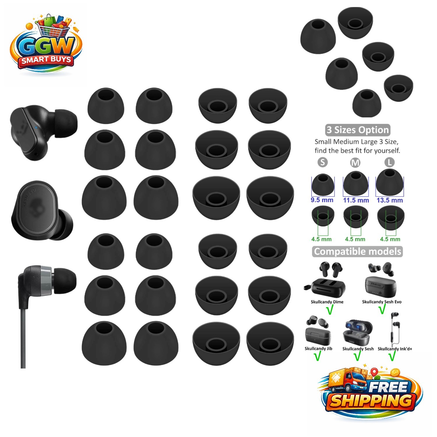 Custom Fit Replacement Ear Tips – 12 Pairs Silicone Compatible with Skullcandy