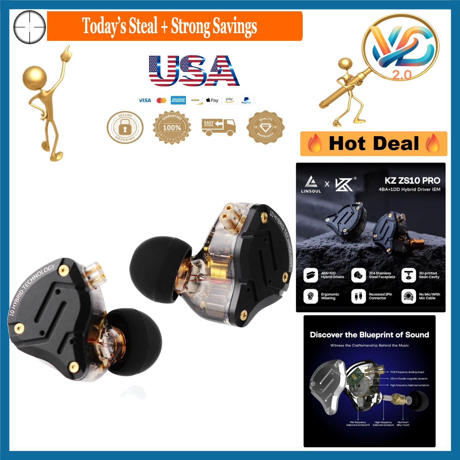 KZ ZS10 Pro In Ear Monitor 4BA+1DD Hybrid Earphones Noise Isolating Black